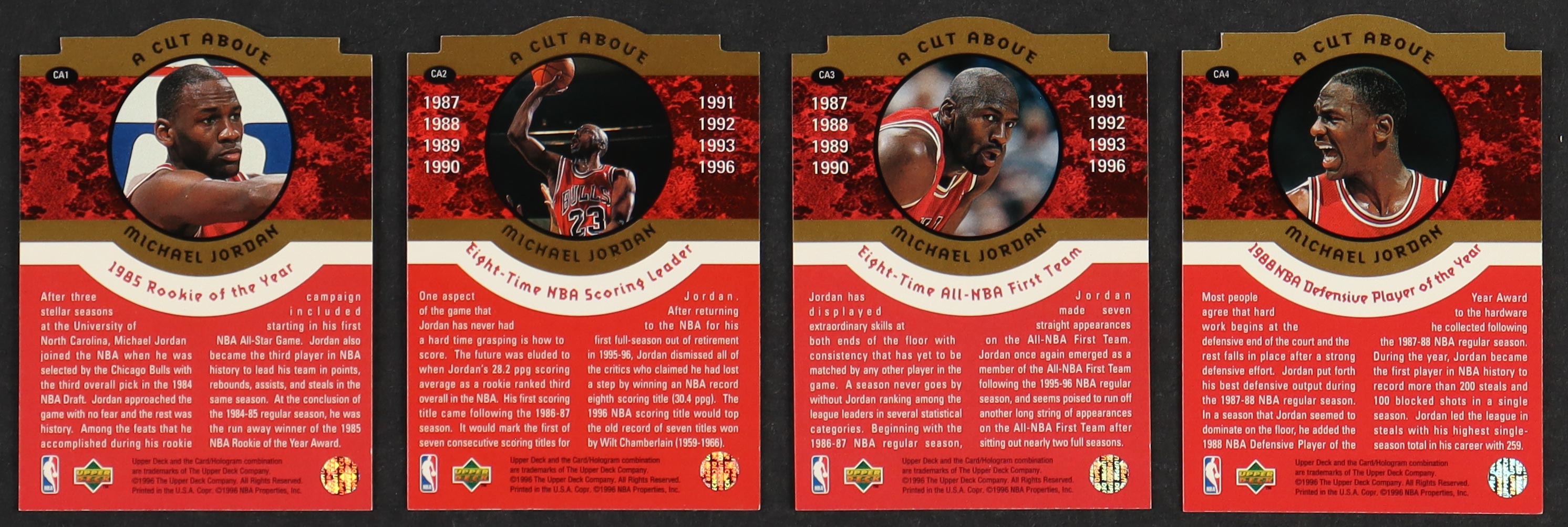 1996-97 Collector's Choice Jordan A Cut Above Basketball Complete Set of (10) Cards with Michael Jordan #CA1, Michael Jordan #CA2, Michael Jordan #CA3, Michael Jordan #CA4 at PristineAuction.com 1996-97 Collector's Choice Jordan A Cut Above Basketball Complete Set of (10) Cards with Michael Jordan #CA1, Michael Jordan #CA2, Michael Jordan #CA3, Michael Jordan #CA4 at PristineAuction.com