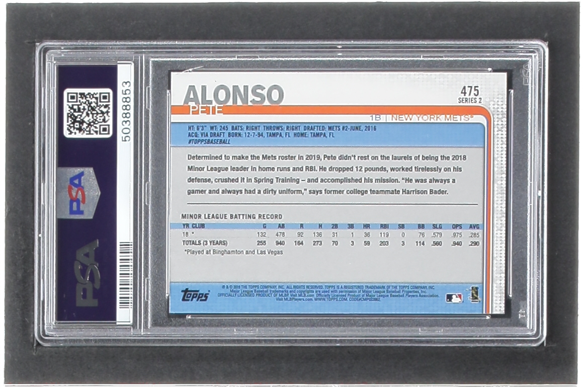 Pete Alonso 2019 Topps #475 RC (PSA 10) at PristineAuction.com Pete Alonso 2019 Topps #475 RC (PSA 10) at PristineAuction.com