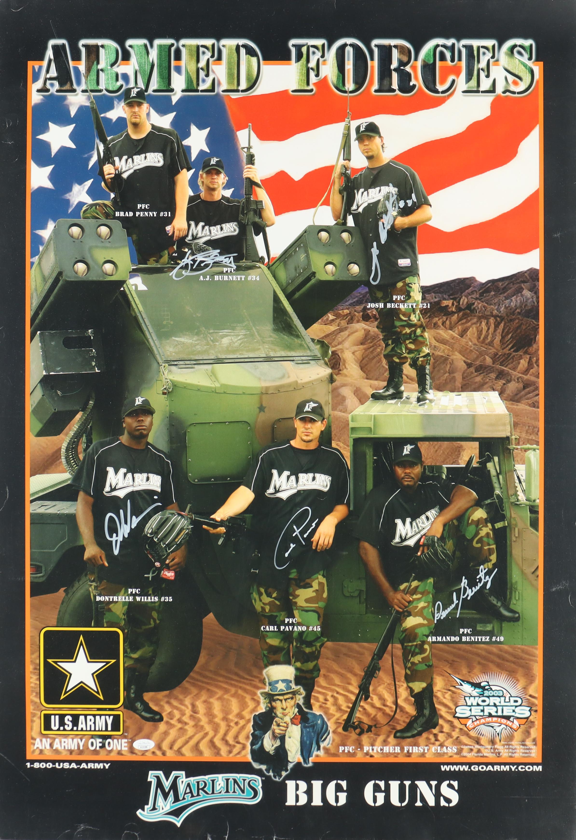 2003 Marlins "Armed Forces" 27x39 Poster Signed by (5) with Dontrelle Willis, AJ Burnett, Josh Beckett, Carl Pavano (JSA) at PristineAuction.com 2003 Marlins "Armed Forces" 27x39 Poster Signed by (5) with Dontrelle Willis, AJ Burnett, Josh Beckett, Carl Pavano (JSA) at PristineAuction.com