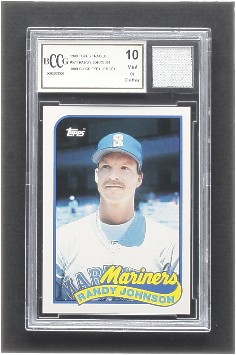 Randy Johnson 1989 Topps Traded #57T RC with Game-Used Jersey Piece (BCCG 10) at PristineAuction.com Randy Johnson 1989 Topps Traded #57T RC with Game-Used Jersey Piece (BCCG 10) at PristineAuction.com