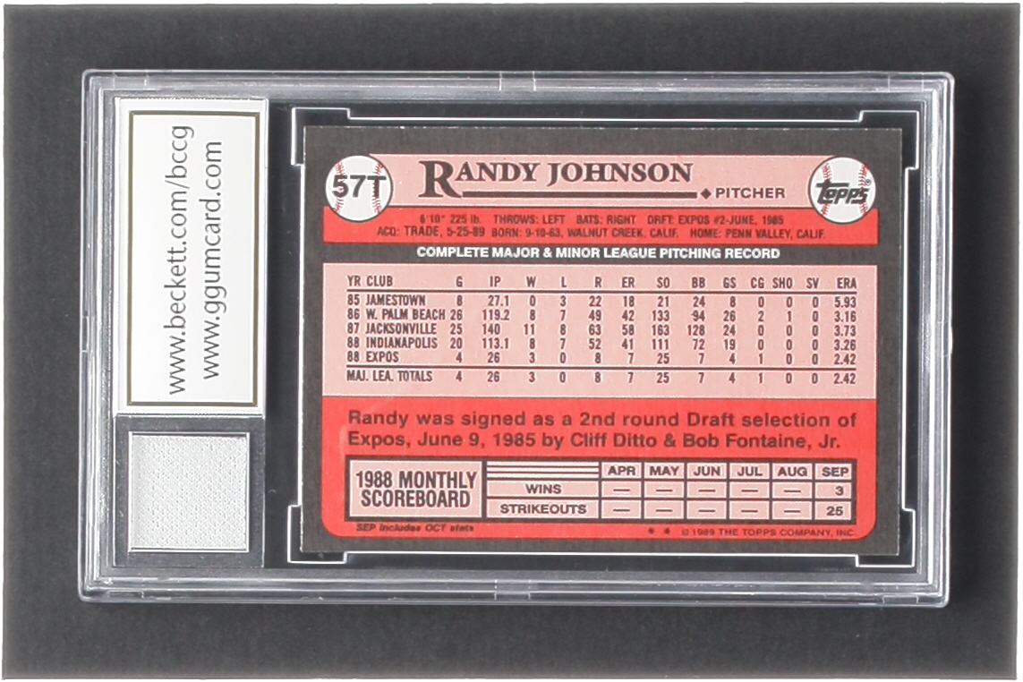 Randy Johnson 1989 Topps Traded #57T RC with Game-Used Jersey Piece (BCCG 10) at PristineAuction.com Randy Johnson 1989 Topps Traded #57T RC with Game-Used Jersey Piece (BCCG 10) at PristineAuction.com