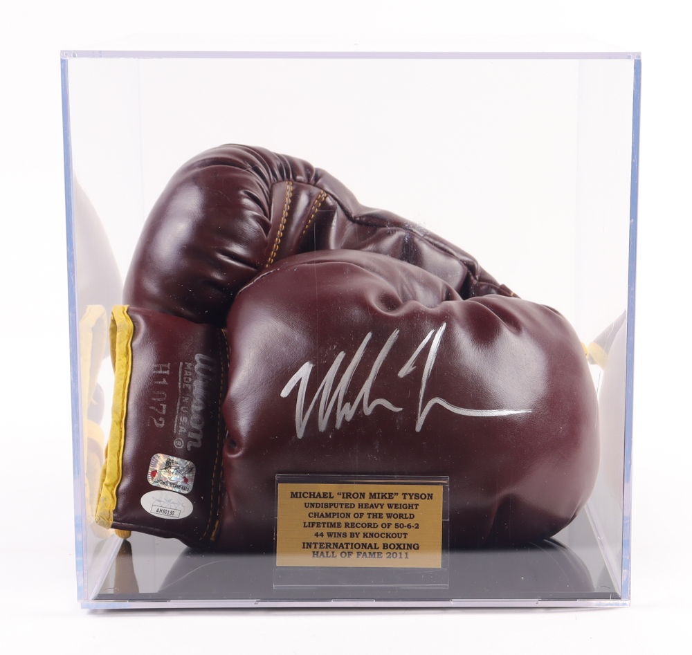 Mike Tyson Signed Vintage Wilson Boxing Glove Set With Acrylic Display Case & Nameplate (JSA & Tyson) at PristineAuction.com Mike Tyson Signed Vintage Wilson Boxing Glove Set With Acrylic Display Case & Nameplate (JSA & Tyson) at PristineAuction.com