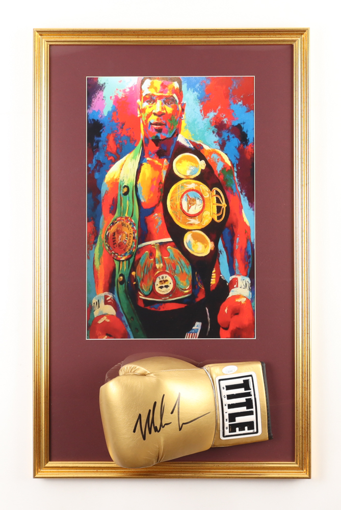 Mike Tyson Signed Custom Framed Gold Title Boxing Glove Display With Multicolor Art Print (JSA & Tyson) at PristineAuction.com Mike Tyson Signed Custom Framed Gold Title Boxing Glove Display With Multicolor Art Print (JSA & Tyson) at PristineAuction.com