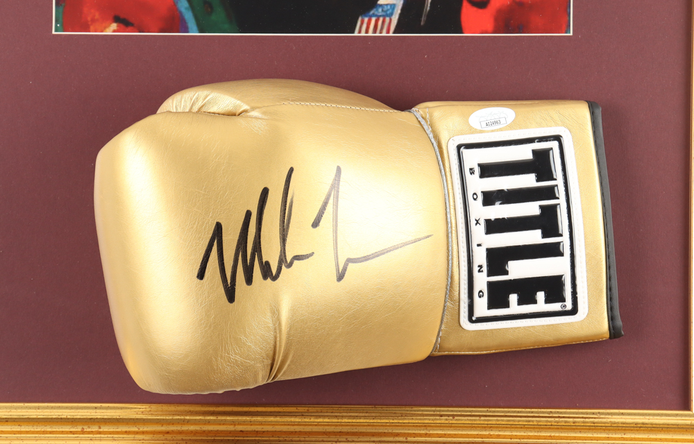 Mike Tyson Signed Custom Framed Gold Title Boxing Glove Display With Multicolor Art Print (JSA & Tyson) at PristineAuction.com Mike Tyson Signed Custom Framed Gold Title Boxing Glove Display With Multicolor Art Print (JSA & Tyson) at PristineAuction.com