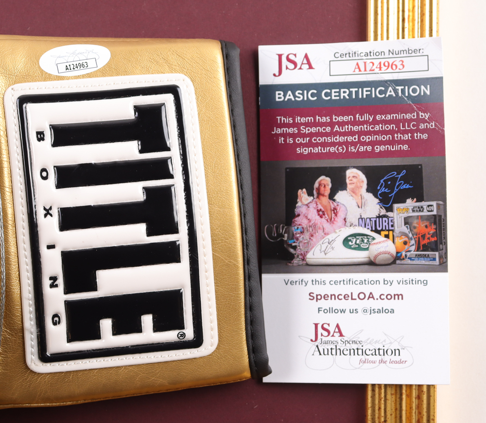 Mike Tyson Signed Custom Framed Gold Title Boxing Glove Display With Multicolor Art Print (JSA & Tyson) at PristineAuction.com Mike Tyson Signed Custom Framed Gold Title Boxing Glove Display With Multicolor Art Print (JSA & Tyson) at PristineAuction.com