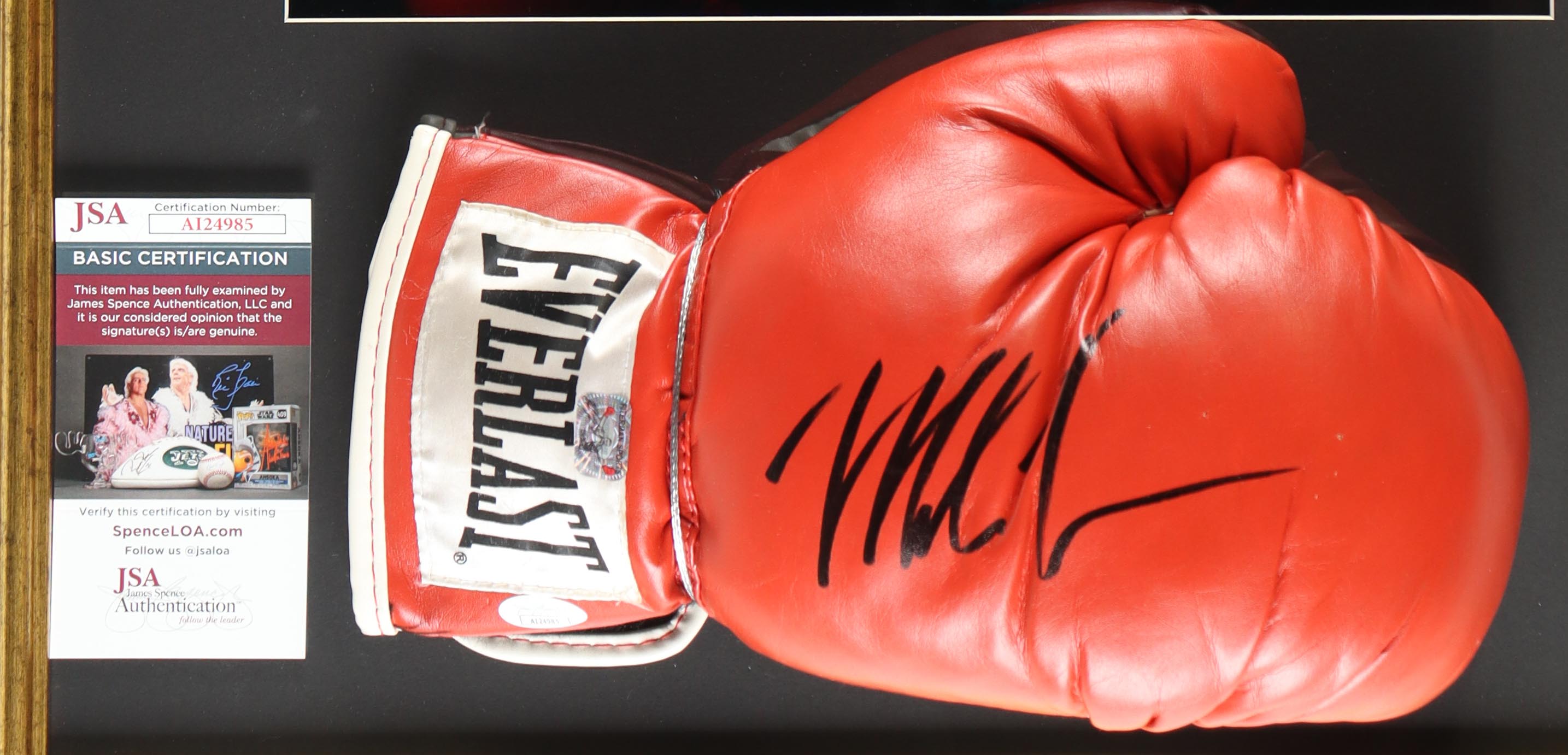 Mike Tyson Signed Custom Framed Everlast Boxing Glove Display With Photo (JSA & Tyson) at PristineAuction.com Mike Tyson Signed Custom Framed Everlast Boxing Glove Display With Photo (JSA & Tyson) at PristineAuction.com