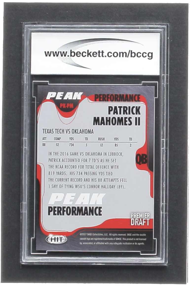 Patrick Mahomes II 2017 SAGE HIT Premier Draft Peak Performance #PKPM RC (BCCG 10) at PristineAuction.com Patrick Mahomes II 2017 SAGE HIT Premier Draft Peak Performance #PKPM RC (BCCG 10) at PristineAuction.com