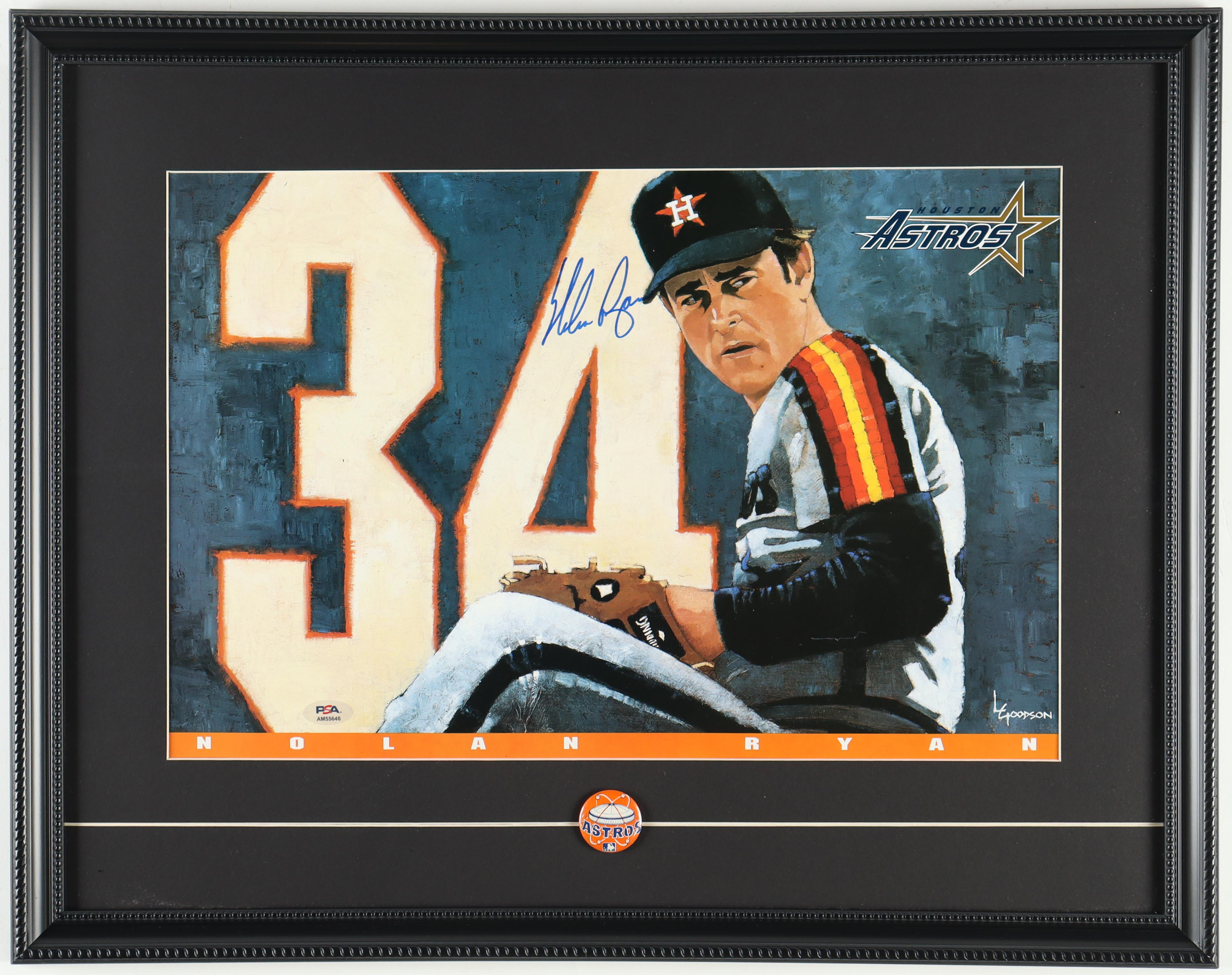 Nolan Ryan Signed Astros Custom Framed Art Print Display With 1975 Astros Vintage Lapel Pin (PSA) at PristineAuction.com Nolan Ryan Signed Astros Custom Framed Art Print Display With 1975 Astros Vintage Lapel Pin (PSA) at PristineAuction.com