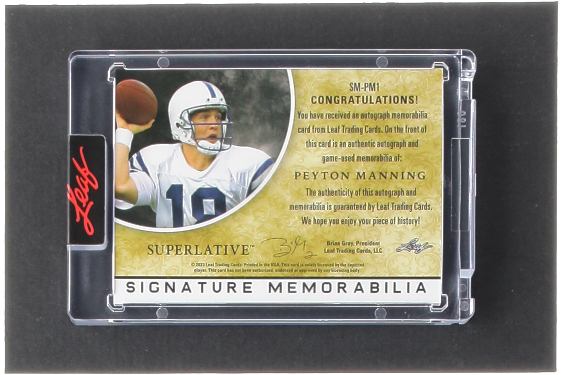 Peyton Manning 2023 Leaf Superlative Signature Memorabilia Gold #SMPM1 #1/1 at PristineAuction.com Peyton Manning 2023 Leaf Superlative Signature Memorabilia Gold #SMPM1 #1/1 at PristineAuction.com