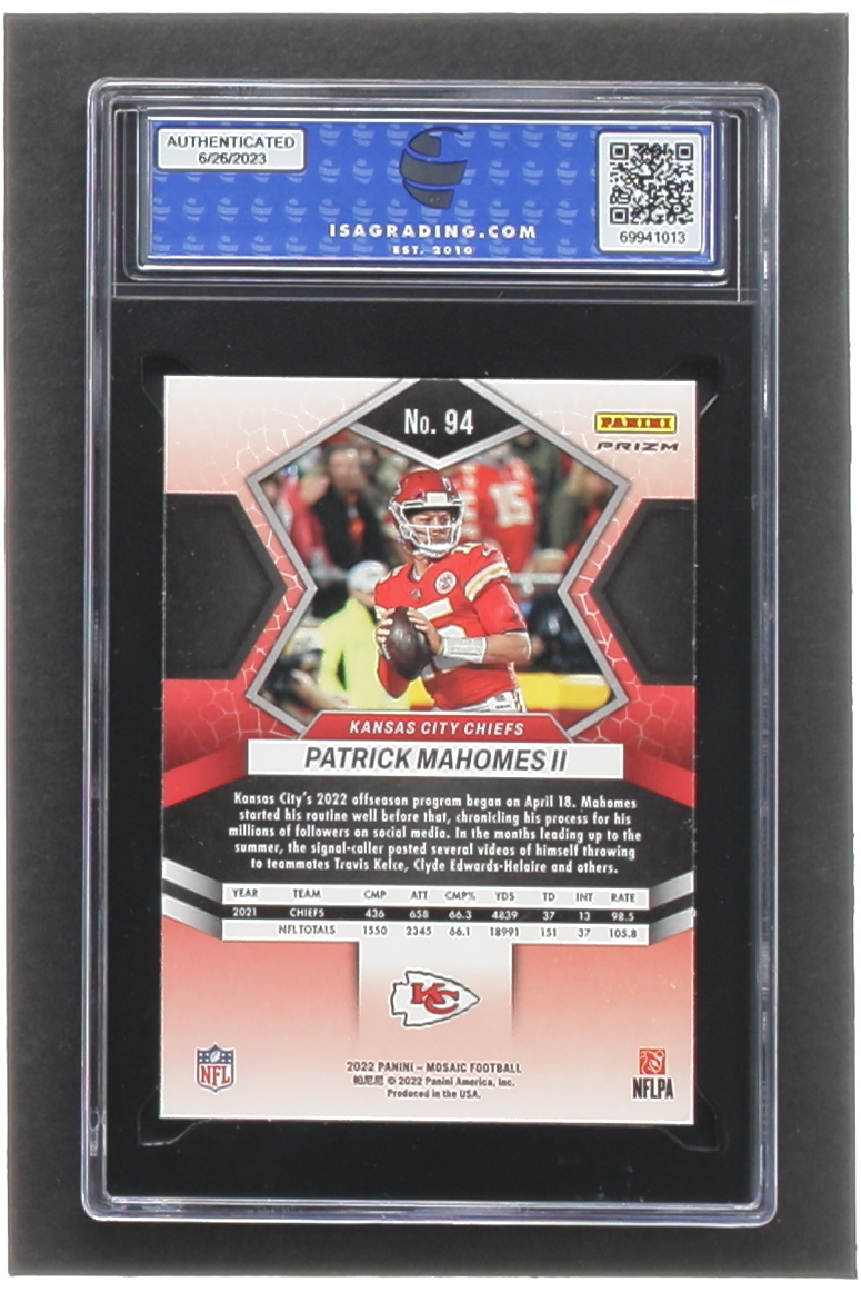 Patrick Mahomes II 2022 Panini Mosaic Mosaic No Huddle Silver #94 (ISA 10) at PristineAuction.com Patrick Mahomes II 2022 Panini Mosaic Mosaic No Huddle Silver #94 (ISA 10) at PristineAuction.com