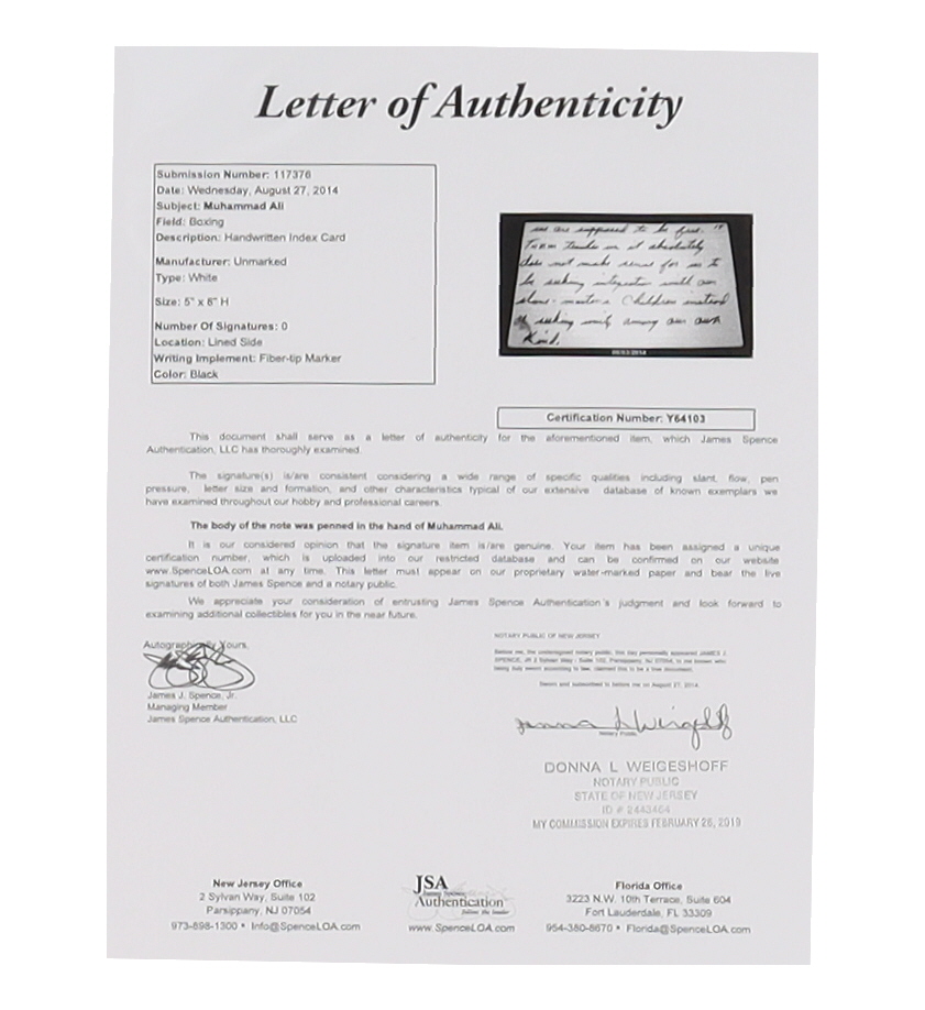 Muhammad Ali Custom Matted Display with Original Handwriting from Ali (JSA) at PristineAuction.com Muhammad Ali Custom Matted Display with Original Handwriting from Ali (JSA) at PristineAuction.com