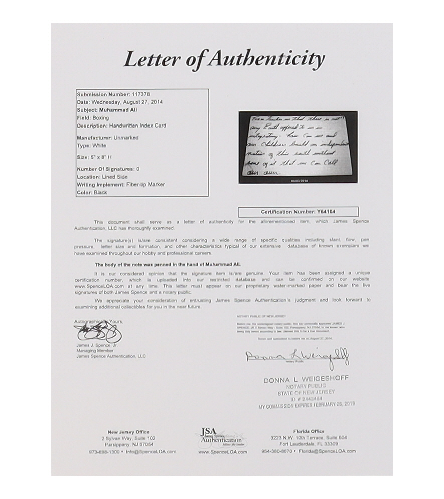 Muhammad Ali Custom Matted Display with Original Handwriting from Ali (JSA) at PristineAuction.com Muhammad Ali Custom Matted Display with Original Handwriting from Ali (JSA) at PristineAuction.com