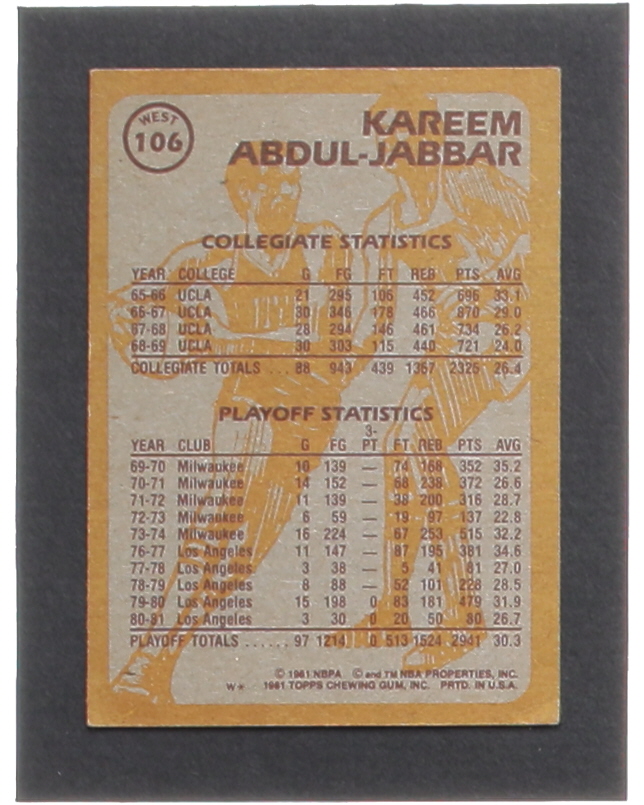 Kareem Abdul-Jabbar 1981-82 Topps #W106 SA at PristineAuction.com Kareem Abdul-Jabbar 1981-82 Topps #W106 SA at PristineAuction.com
