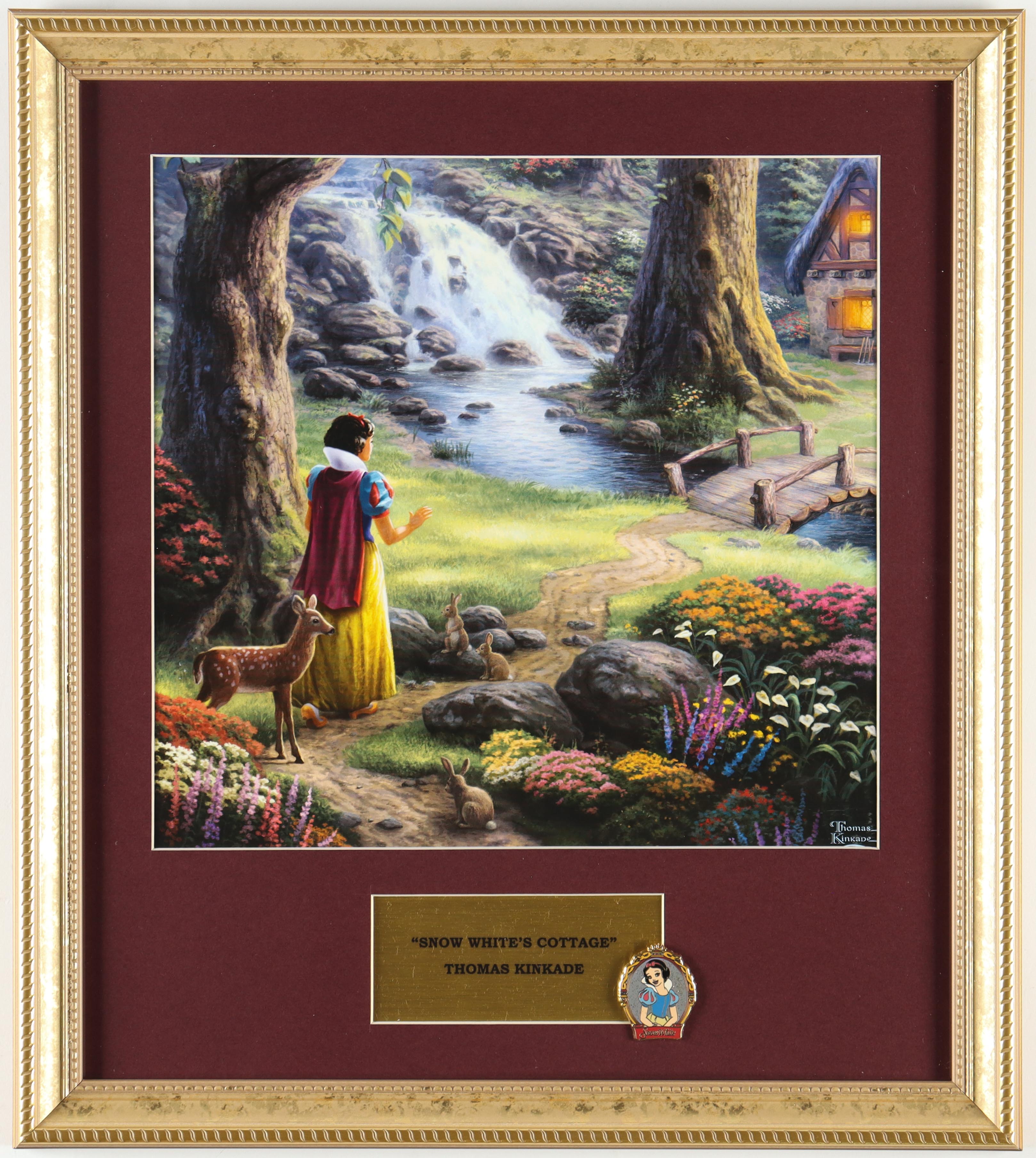 Thomas Kinkade "Snow White's Cottage" Custom Framed Print Display With Vintage Snow White Character Pin at PristineAuction.com Thomas Kinkade "Snow White's Cottage" Custom Framed Print Display With Vintage Snow White Character Pin at PristineAuction.com