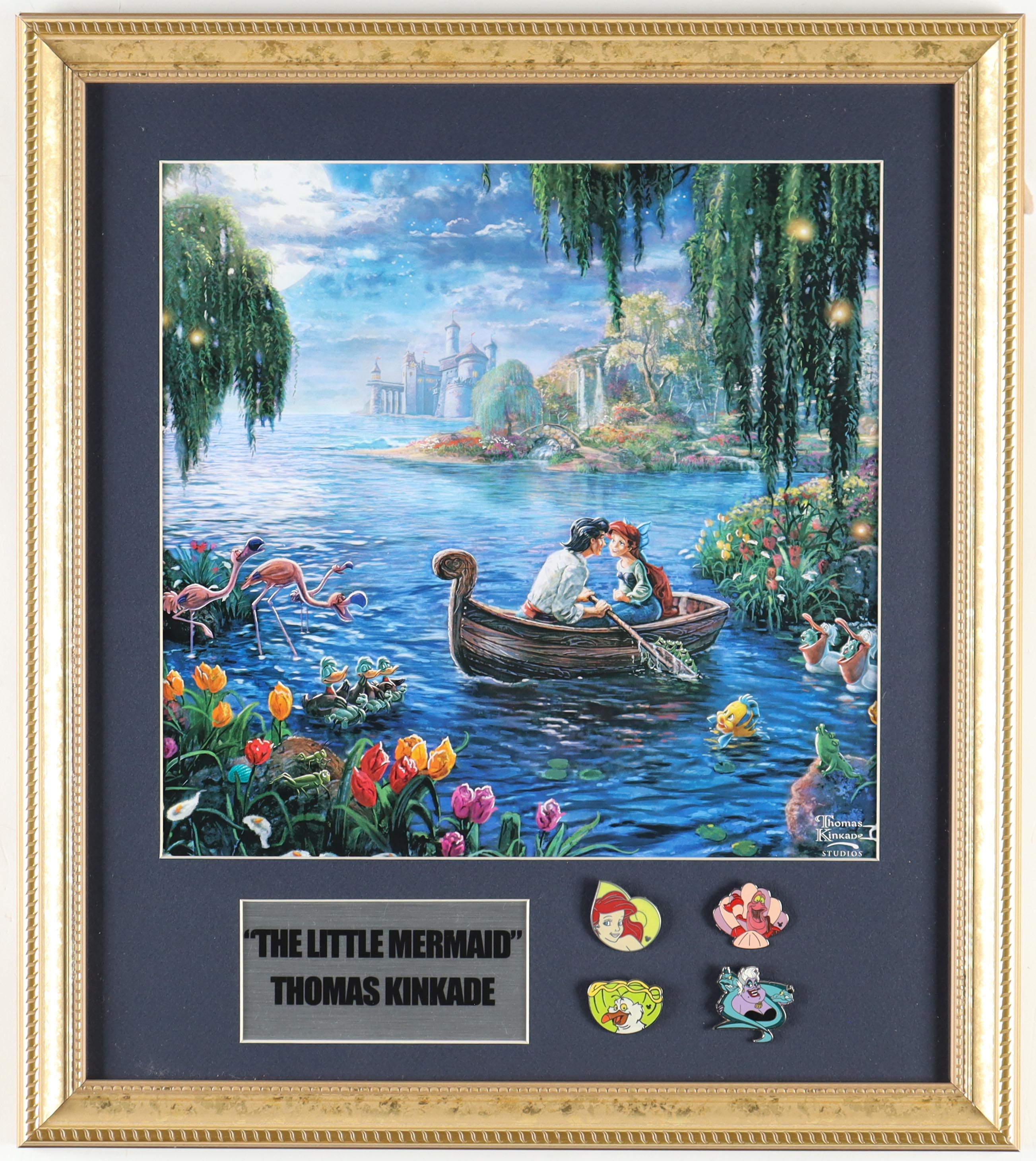 Thomas Kinkade "The Little Mermaid" Custom Framed Print Display with Set of (4) Official Movie Release Character Pins at PristineAuction.com Thomas Kinkade "The Little Mermaid" Custom Framed Print Display with Set of (4) Official Movie Release Character Pins at PristineAuction.com
