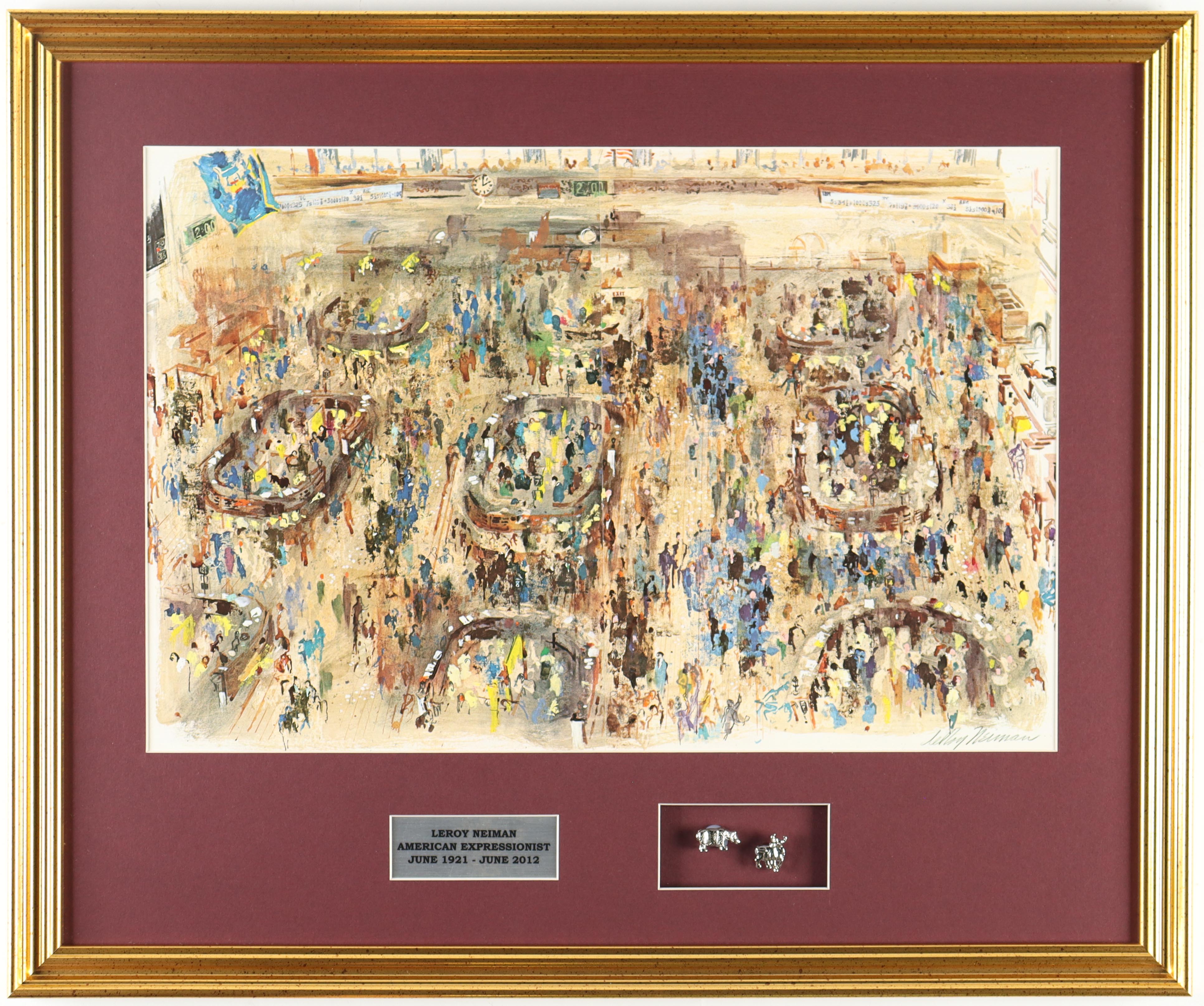 Leroy Neiman "The New York Stock Exchange" Custom Framed Print Display with Set of (2) Bull & Bear Pewter Emblems at PristineAuction.com Leroy Neiman "The New York Stock Exchange" Custom Framed Print Display with Set of (2) Bull & Bear Pewter Emblems at PristineAuction.com