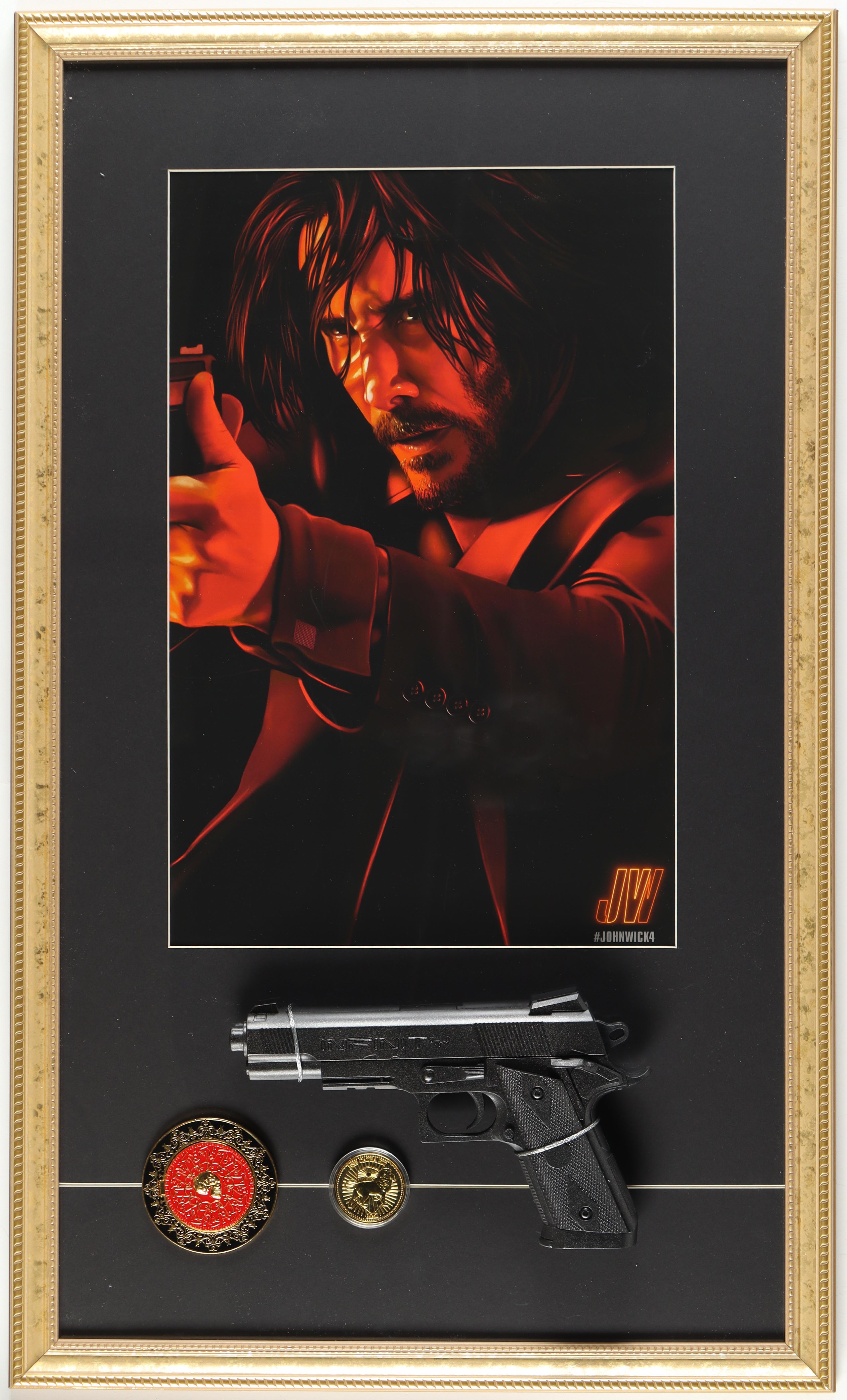 "John Wick: Chapter 4" Custom Framed Movie Poster Display with Replica Pistol, Gold Coin & Sophia Blood Oath Marker at PristineAuction.com "John Wick: Chapter 4" Custom Framed Movie Poster Display with Replica Pistol, Gold Coin & Sophia Blood Oath Marker at PristineAuction.com
