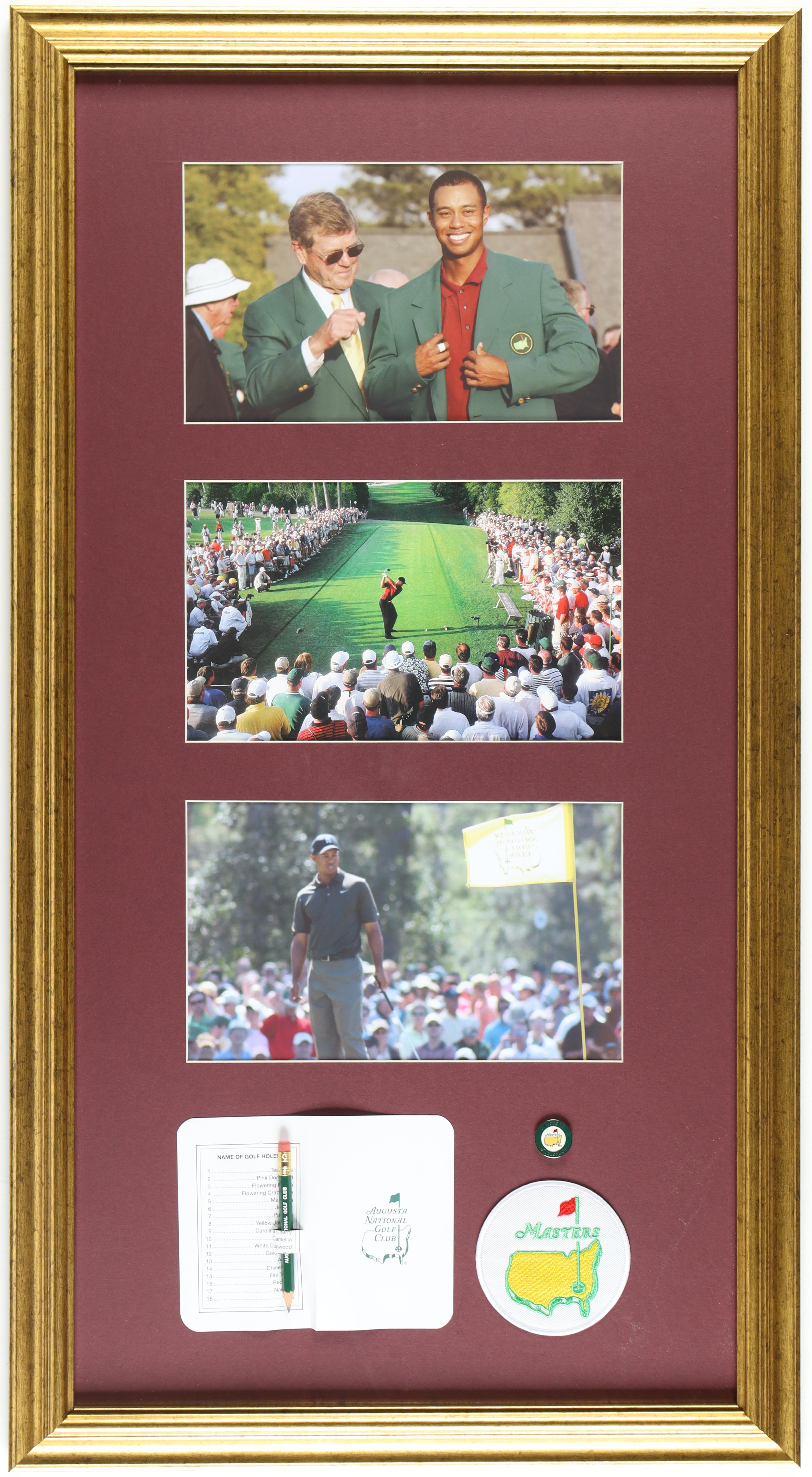 Augusta National Tiger Woods Custom Framed (3) Print Display with an Official Masters Augusta Pin, Patch, Pencil & Scorecard at PristineAuction.com Augusta National Tiger Woods Custom Framed (3) Print Display with an Official Masters Augusta Pin, Patch, Pencil & Scorecard at PristineAuction.com