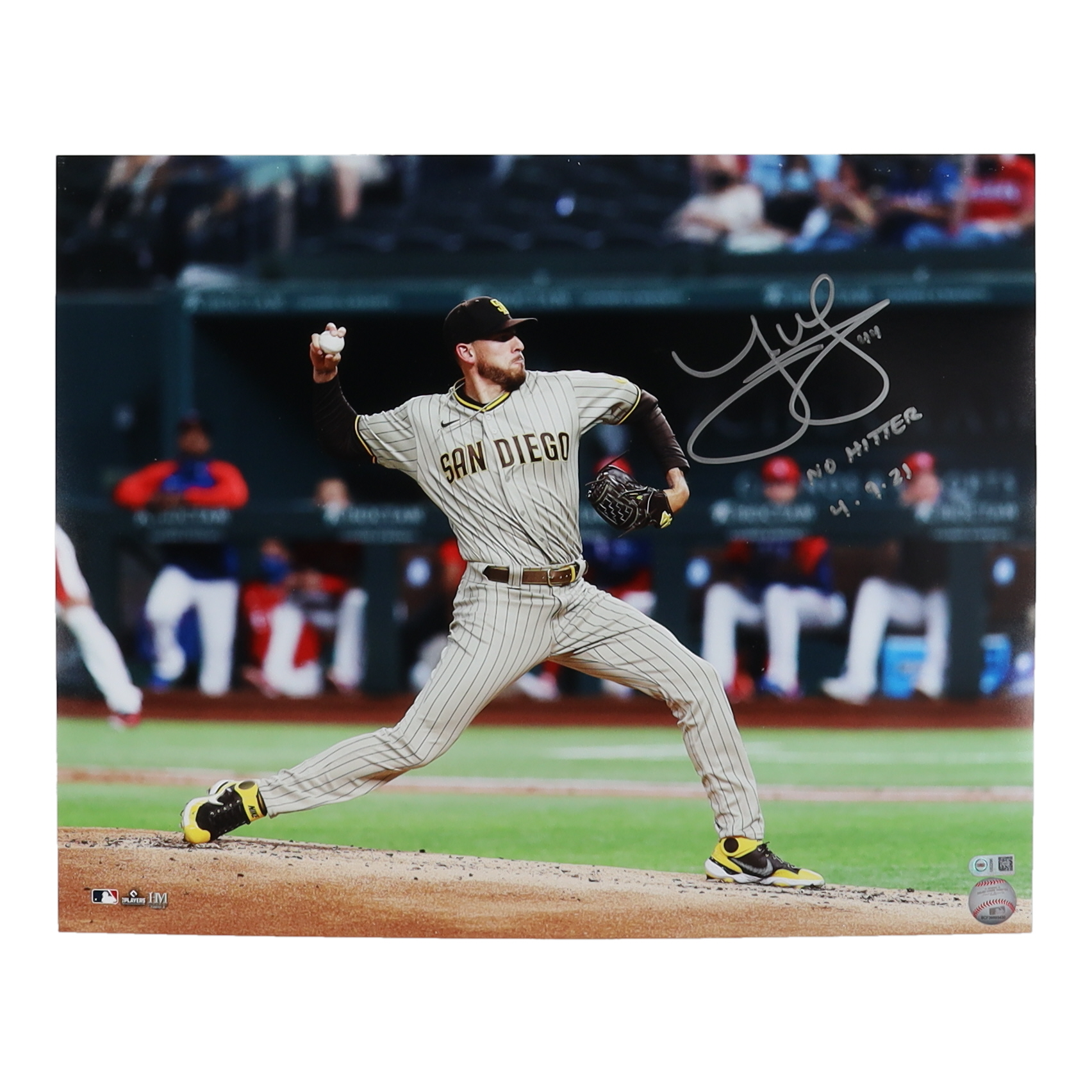 Joe Musgrove Signed Padres 16x20 Photo Inscribed "No Hitter" & "4-3-21" (USA SM) at PristineAuction.com Joe Musgrove Signed Padres 16x20 Photo Inscribed "No Hitter" & "4-3-21" (USA SM) at PristineAuction.com