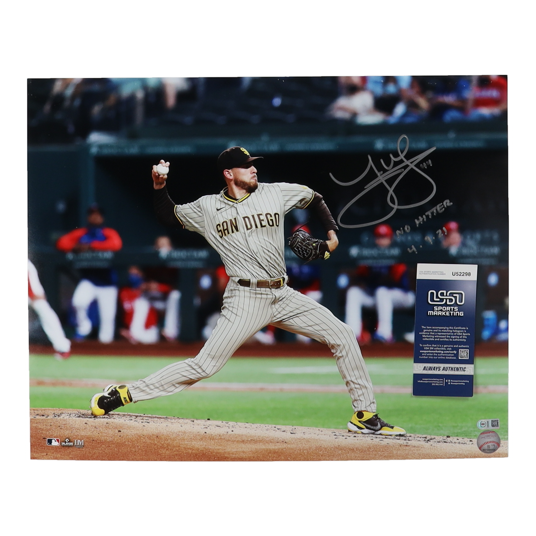 Joe Musgrove Signed Padres 16x20 Photo Inscribed "No Hitter" & "4-3-21" (USA SM) at PristineAuction.com Joe Musgrove Signed Padres 16x20 Photo Inscribed "No Hitter" & "4-3-21" (USA SM) at PristineAuction.com