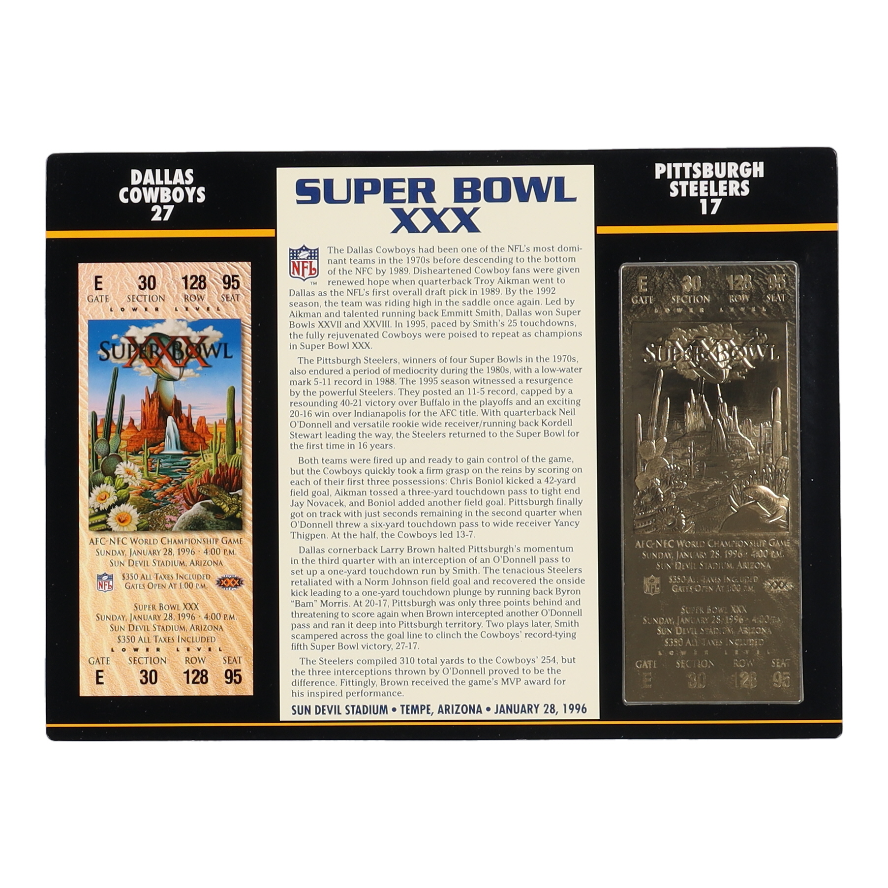 1996 Commemorative Super Bowl XXX Card with Ticket: Cowboys vs Steelers at PristineAuction.com 1996 Commemorative Super Bowl XXX Card with Ticket: Cowboys vs Steelers at PristineAuction.com