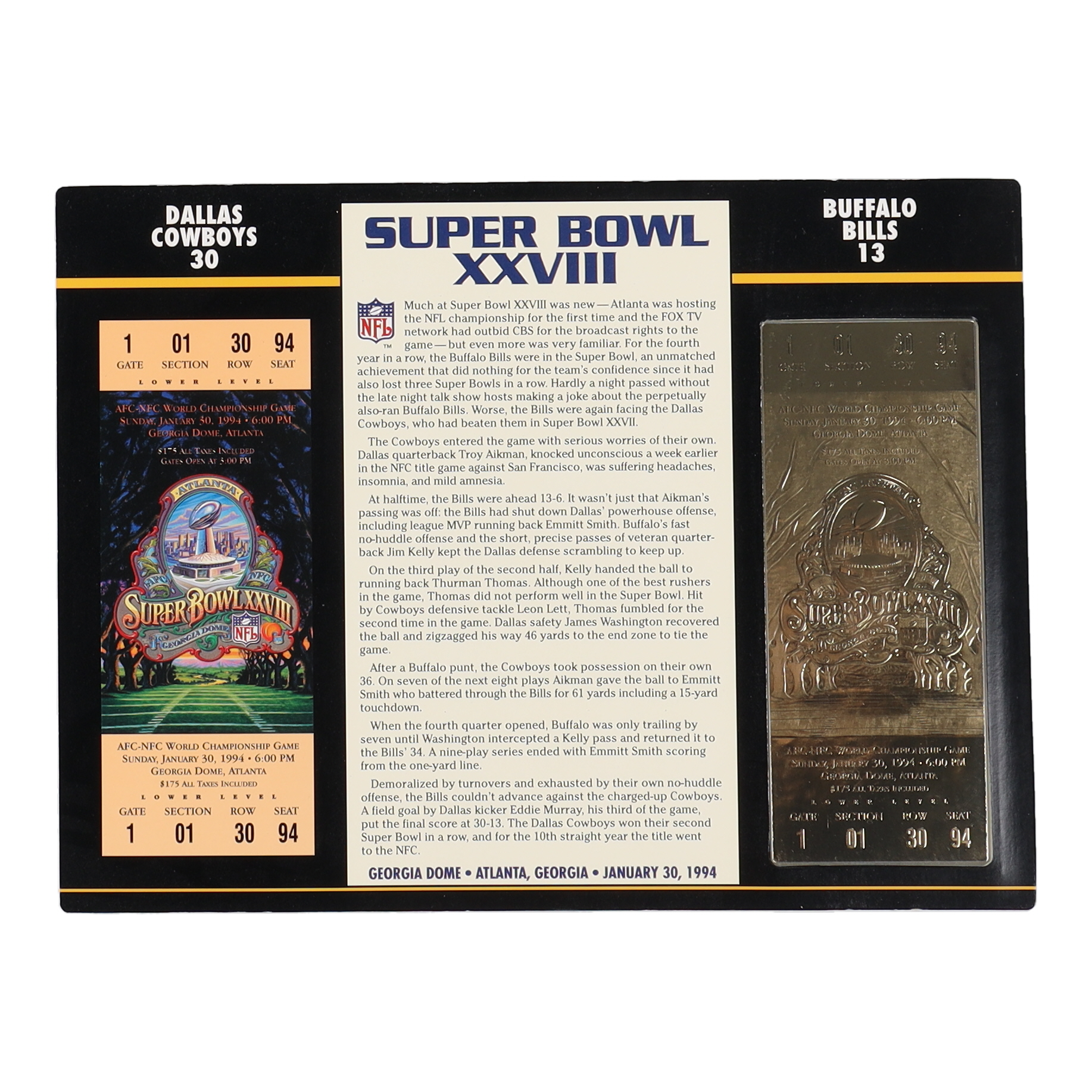 1994 Commemorative Super Bowl XXVIII Card with Ticket: Cowboys vs Bills at PristineAuction.com 1994 Commemorative Super Bowl XXVIII Card with Ticket: Cowboys vs Bills at PristineAuction.com