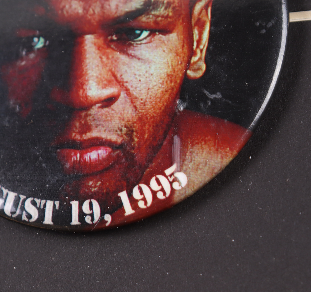 Mike Tyson Signed Custom Framed Vintage Everlast Boxing Glove with 1995 "He's Back" Pin (JSA & Tyson) at PristineAuction.com Mike Tyson Signed Custom Framed Vintage Everlast Boxing Glove with 1995 "He's Back" Pin (JSA & Tyson) at PristineAuction.com