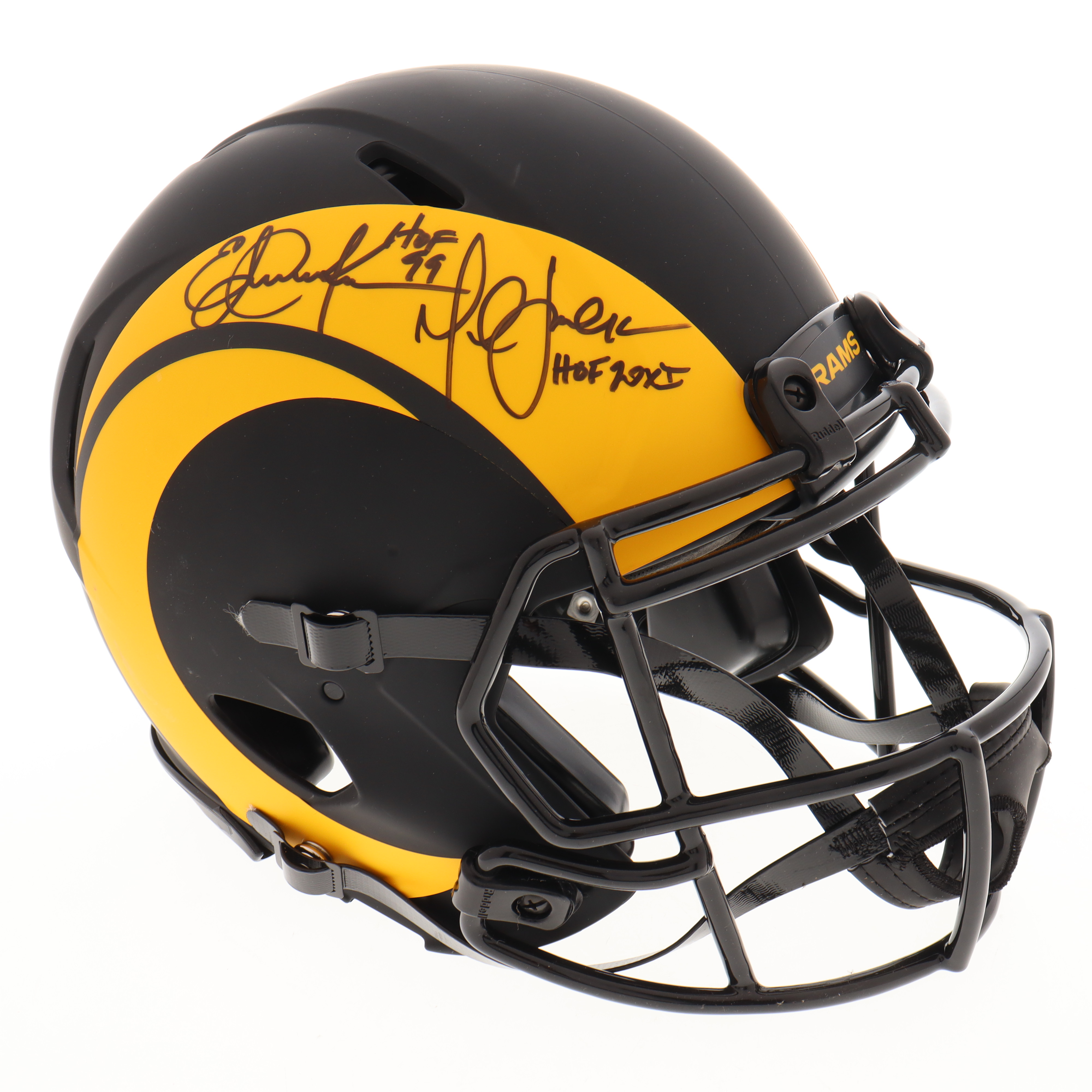Marshall Faulk & Eric Dickerson Signed Rams Full-Size Authentic On-Field Eclipse Alternate Speed Helmet Inscribed "HOF 99 & HOF 2011" (Beckett) at PristineAuction.com Marshall Faulk & Eric Dickerson Signed Rams Full-Size Authentic On-Field Eclipse Alternate Speed Helmet Inscribed "HOF 99 & HOF 2011" (Beckett) at PristineAuction.com