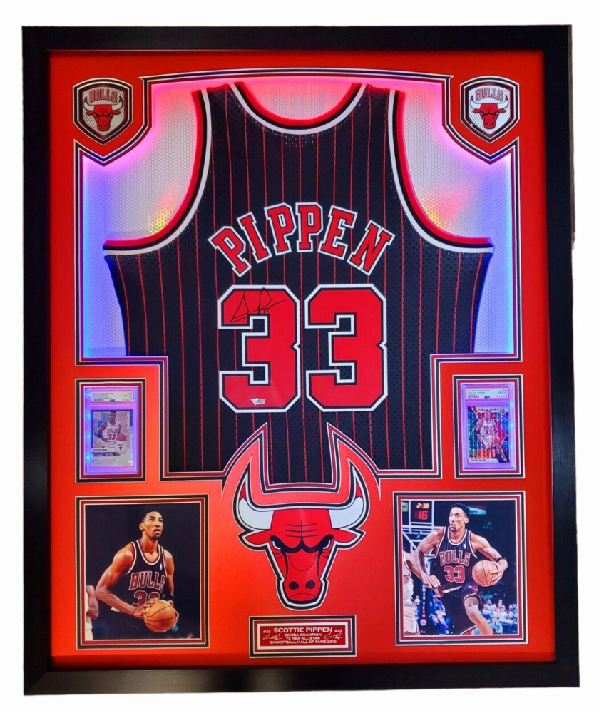 Scottie Pippen Signed Custom Framed Bulls Jersey LED Display with 
