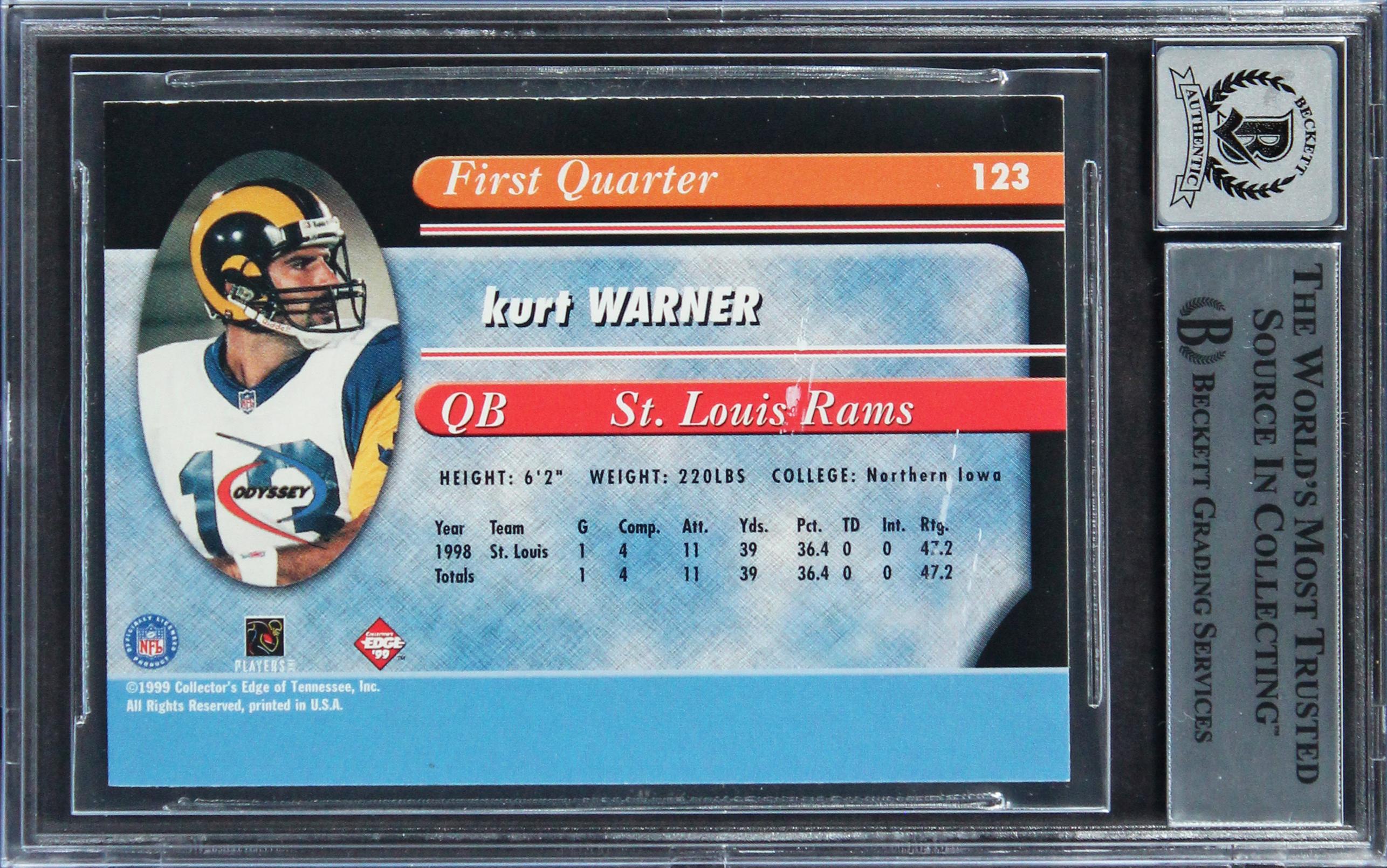 Kurt Warner Signed 1999 Collector's Edge Odyssey #123 RC (BGS | Autograph Graded 10) at PristineAuction.com Kurt Warner Signed 1999 Collector's Edge Odyssey #123 RC (BGS | Autograph Graded 10) at PristineAuction.com