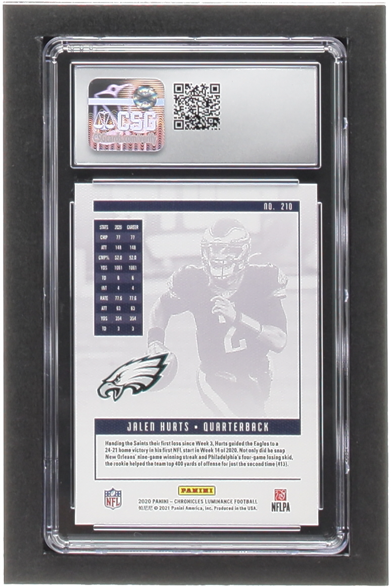 Jalen Hurts 2020 Panini Luminance #210 Chronicles RC (CSG 10) at PristineAuction.com Jalen Hurts 2020 Panini Luminance #210 Chronicles RC (CSG 10) at PristineAuction.com