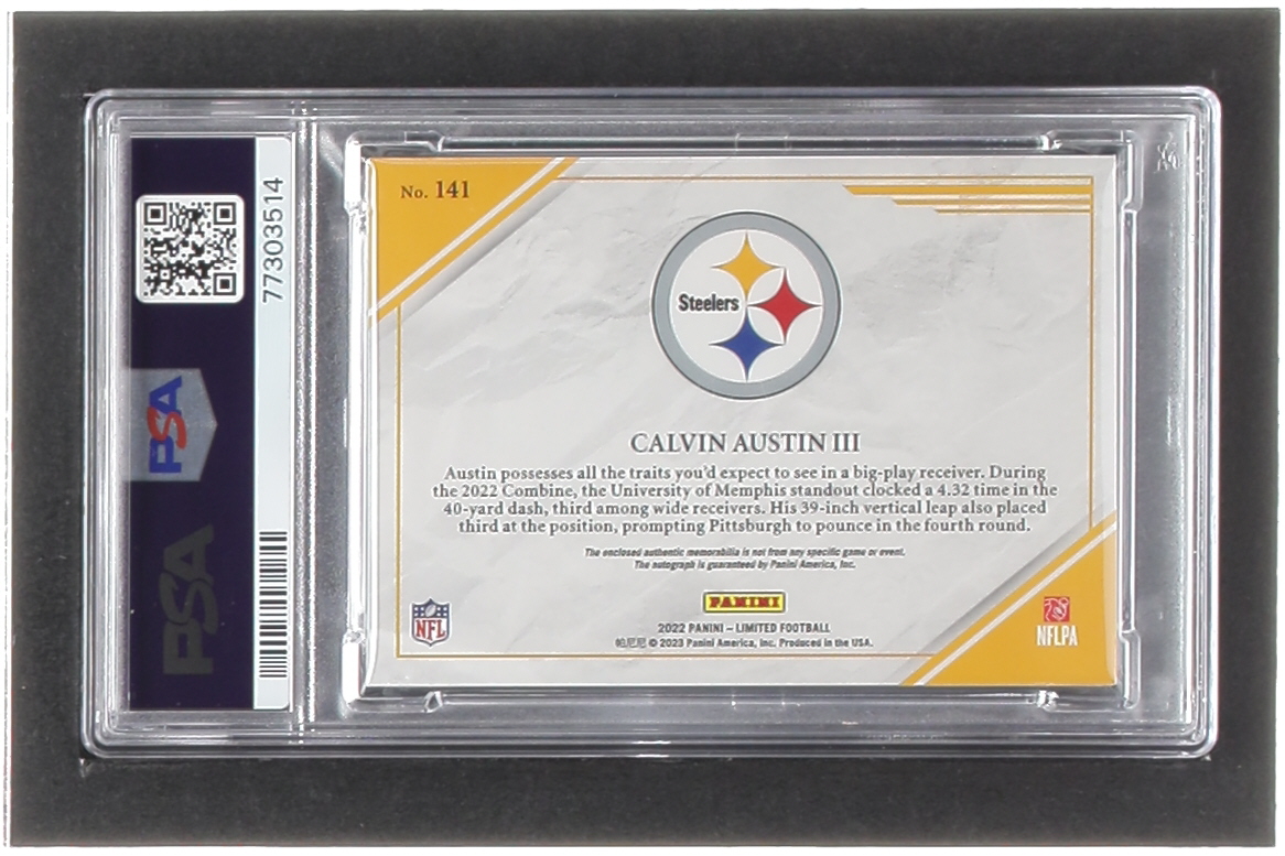 Calvin Austin III 2022 Limited Silver Spotlight #141 Jersey Autograph #61/99 (PSA 8) at PristineAuction.com Calvin Austin III 2022 Limited Silver Spotlight #141 Jersey Autograph #61/99 (PSA 8) at PristineAuction.com