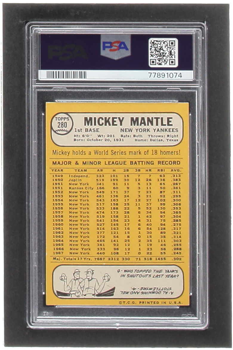 Mickey Mantle 1968 Topps #280 (PSA 9) (MC) at PristineAuction.com Mickey Mantle 1968 Topps #280 (PSA 9) (MC) at PristineAuction.com