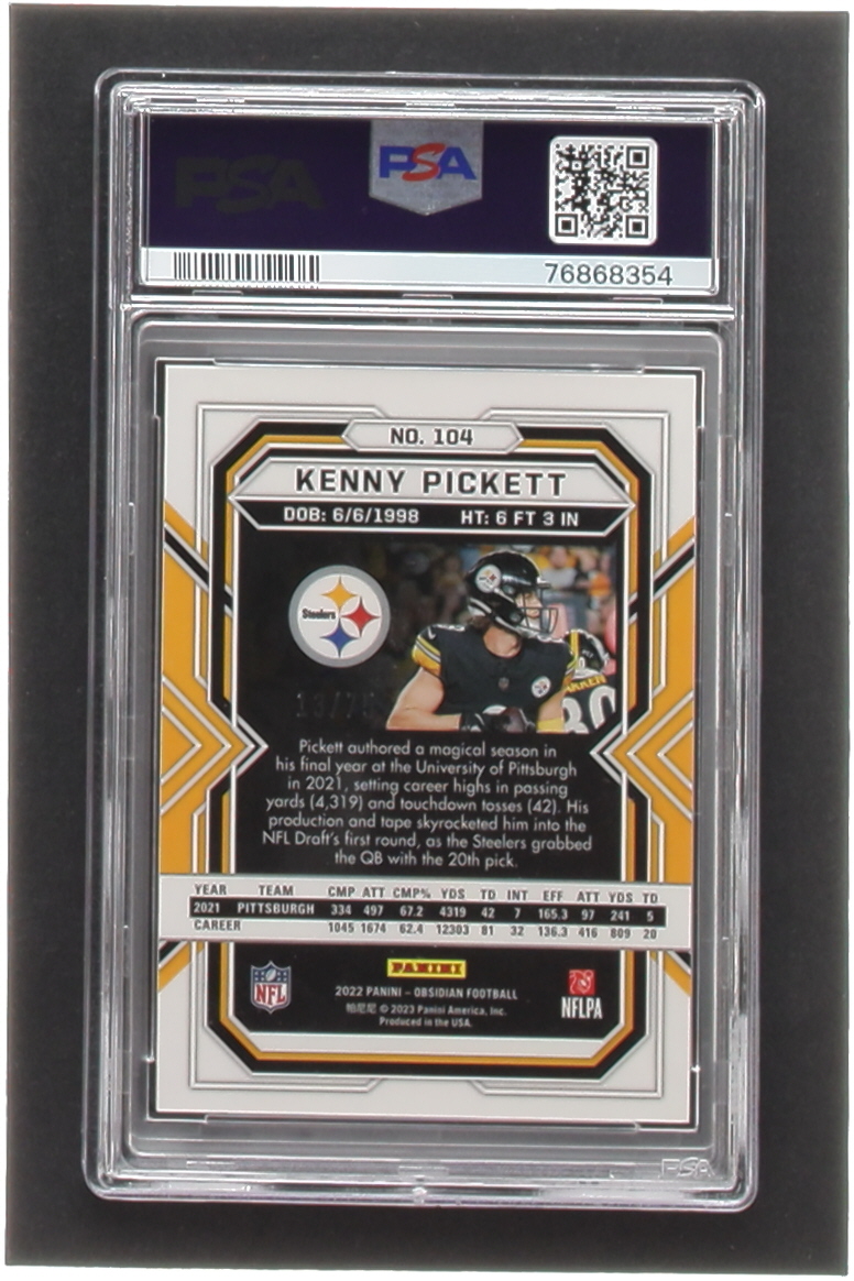 Kenny Pickett 2022 Panini Obsidian Electric Etch Orange #104 #13/75 RC (PSA 8) at PristineAuction.com Kenny Pickett 2022 Panini Obsidian Electric Etch Orange #104 #13/75 RC (PSA 8) at PristineAuction.com