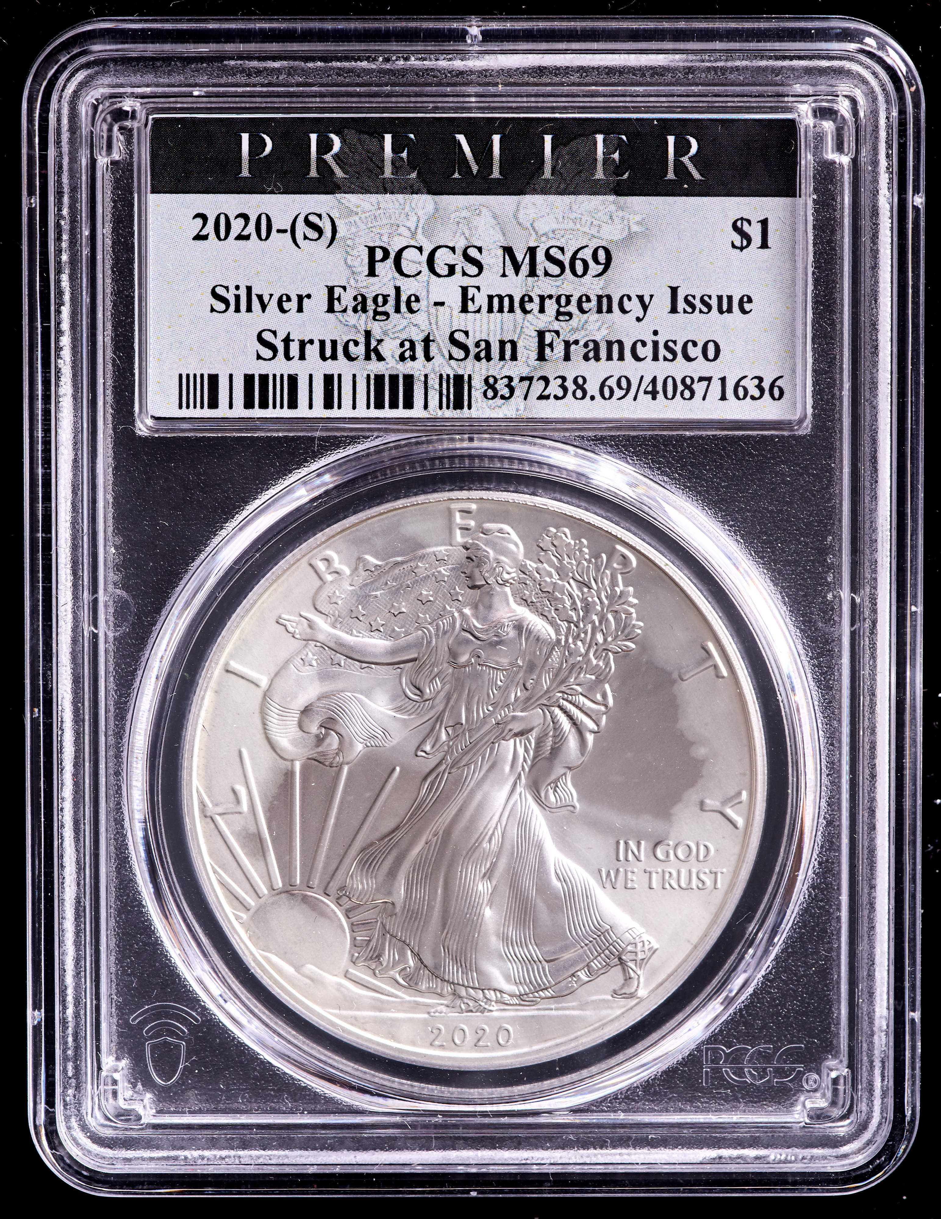 2020-(S) American Silver Eagle $1 One Dollar Coin - Struck at San Francisco, Emergency Issue, Premier Label (PCGS MS69) at PristineAuction.com 2020-(S) American Silver Eagle $1 One Dollar Coin - Struck at San Francisco, Emergency Issue, Premier Label (PCGS MS69) at PristineAuction.com