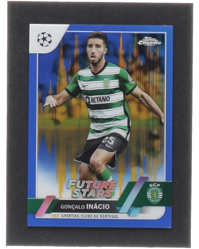 Goncalo Inacio 2022-23 Topps Chrome UEFA Club Competitions Blue Gold Seismic Refractors #160 FS #1/75 at PristineAuction.com Goncalo Inacio 2022-23 Topps Chrome UEFA Club Competitions Blue Gold Seismic Refractors #160 FS #1/75 at PristineAuction.com