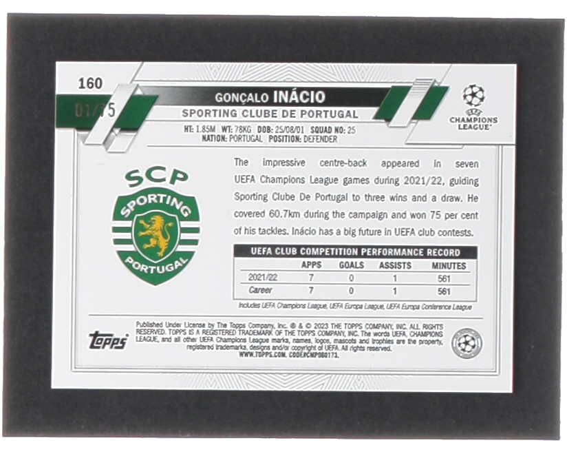 Goncalo Inacio 2022-23 Topps Chrome UEFA Club Competitions Blue Gold Seismic Refractors #160 FS #1/75 at PristineAuction.com Goncalo Inacio 2022-23 Topps Chrome UEFA Club Competitions Blue Gold Seismic Refractors #160 FS #1/75 at PristineAuction.com