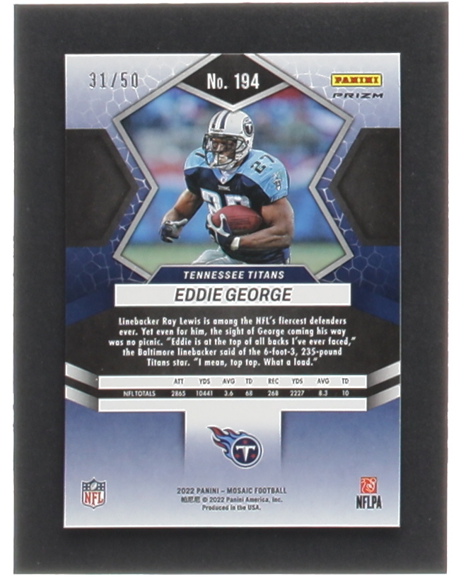 Eddie George 2022 Panini Mosaic Mosaic No Huddle Purple #194 #31/50 at PristineAuction.com Eddie George 2022 Panini Mosaic Mosaic No Huddle Purple #194 #31/50 at PristineAuction.com