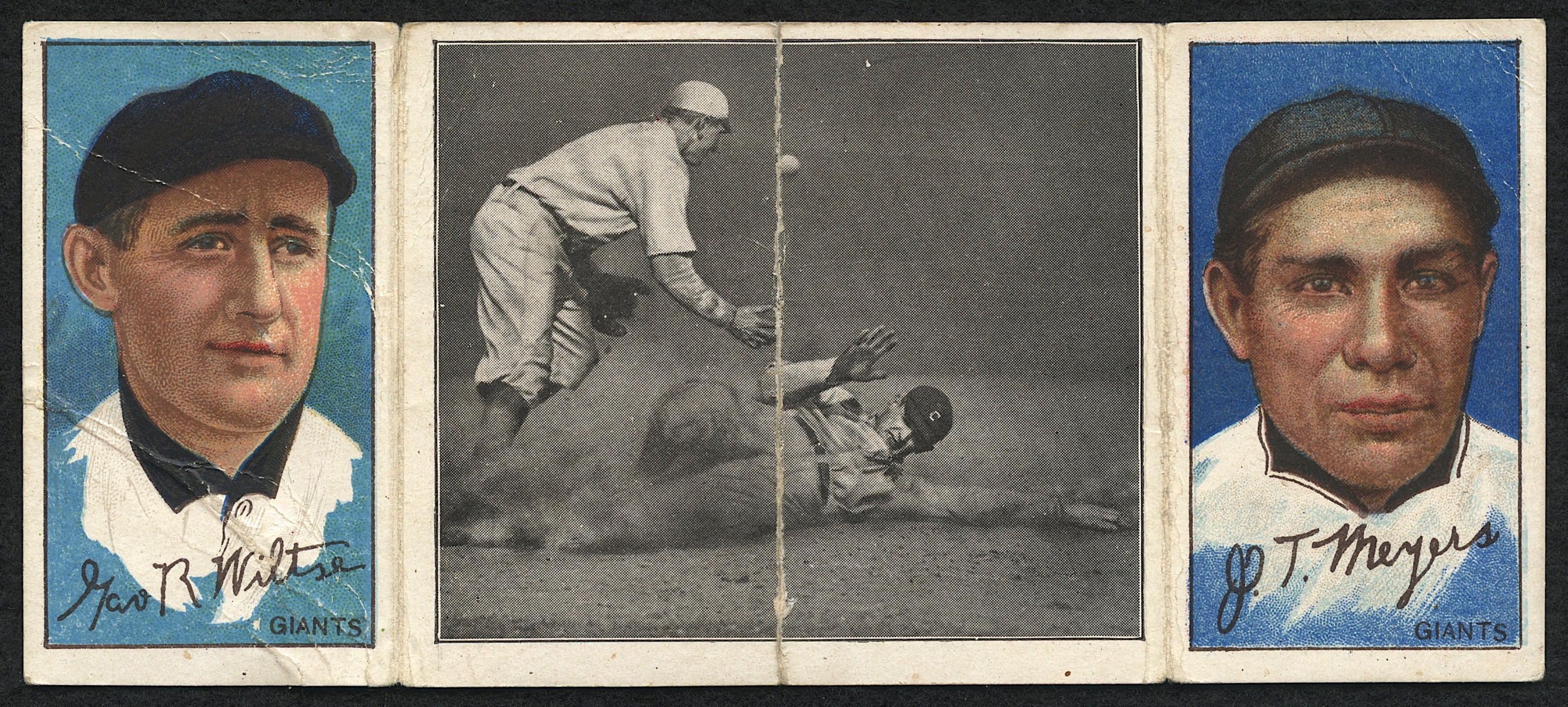 1912 Hassan Triple Folders T202 #128 Too Late For Devlin / Chief Meyers / Hooks Wiltse at PristineAuction.com 1912 Hassan Triple Folders T202 #128 Too Late For Devlin / Chief Meyers / Hooks Wiltse at PristineAuction.com