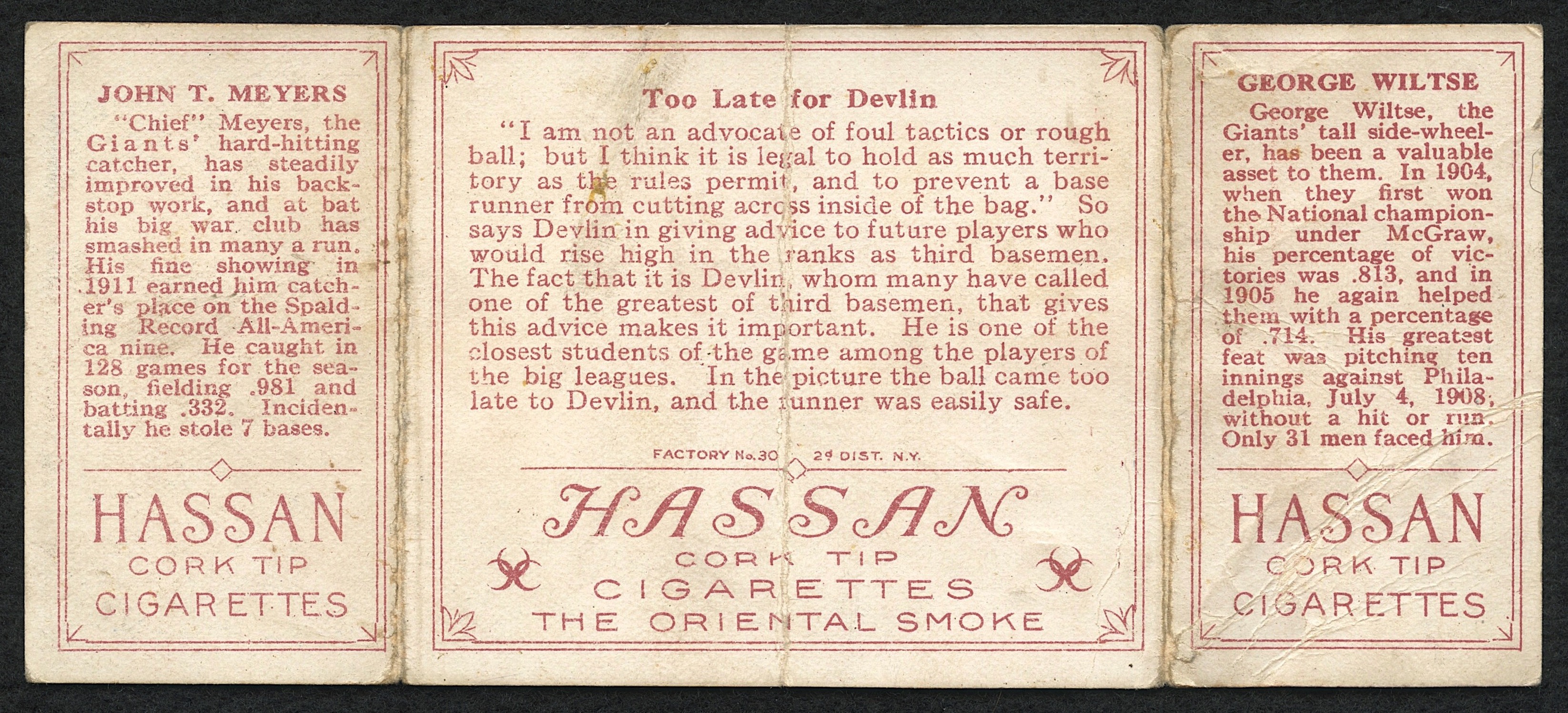 1912 Hassan Triple Folders T202 #128 Too Late For Devlin / Chief Meyers / Hooks Wiltse at PristineAuction.com 1912 Hassan Triple Folders T202 #128 Too Late For Devlin / Chief Meyers / Hooks Wiltse at PristineAuction.com