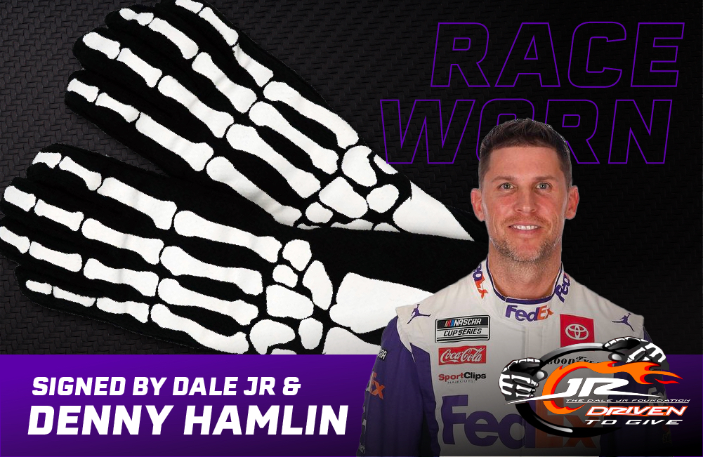 Denny Hamlin 2023 Bristol Race Worn & Signed Gloves | Race Winner | Also Signed by Dale Earnhardt Jr. (Driven to Give Event) at PristineAuction.com Denny Hamlin 2023 Bristol Race Worn & Signed Gloves | Race Winner | Also Signed by Dale Earnhardt Jr. (Driven to Give Event) at PristineAuction.com