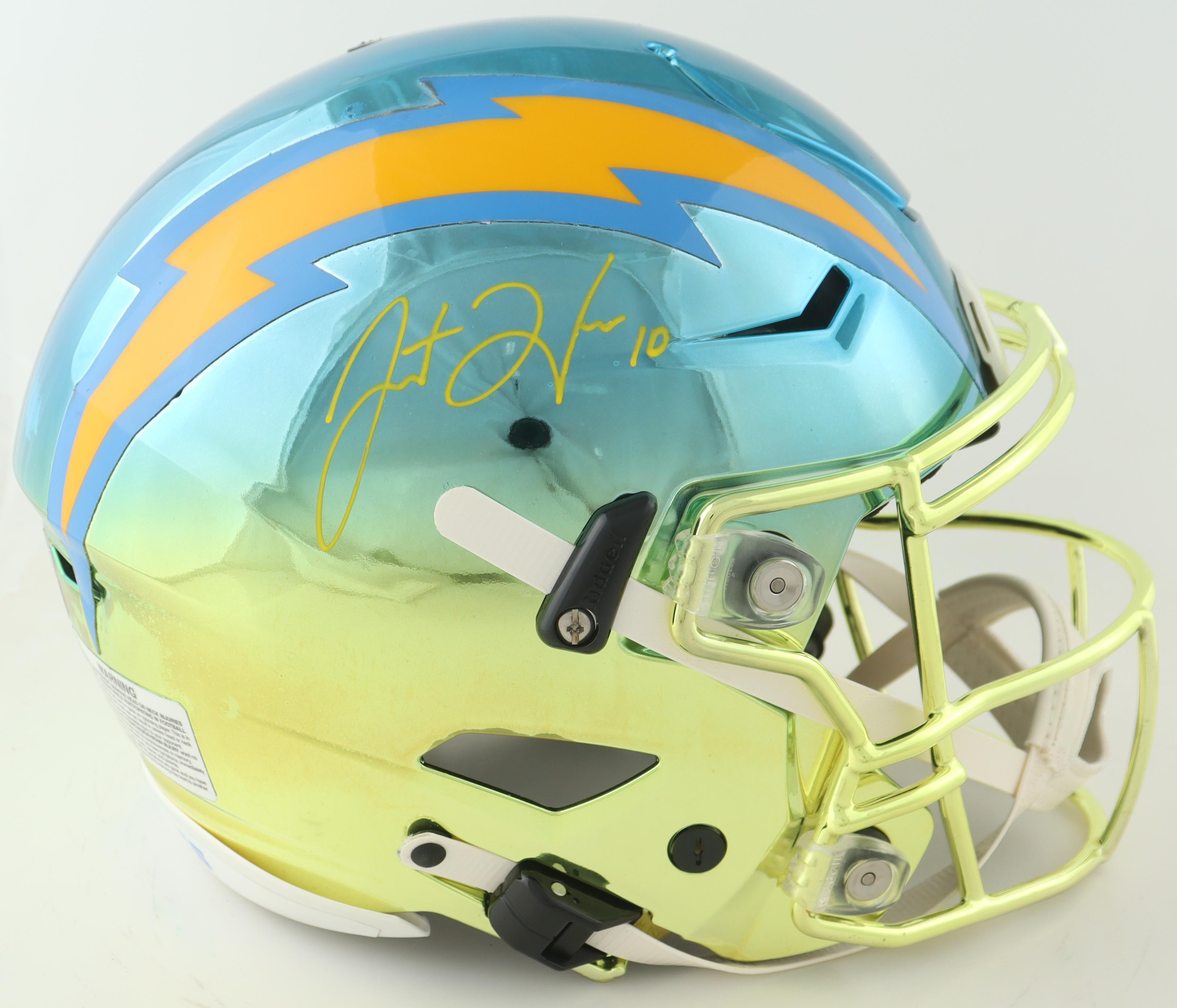 Justin Herbert Signed Chargers Full-Size Authentic Chrome On-Field SpeedFlex Helmet (Beckett) at PristineAuction.com Justin Herbert Signed Chargers Full-Size Authentic Chrome On-Field SpeedFlex Helmet (Beckett) at PristineAuction.com
