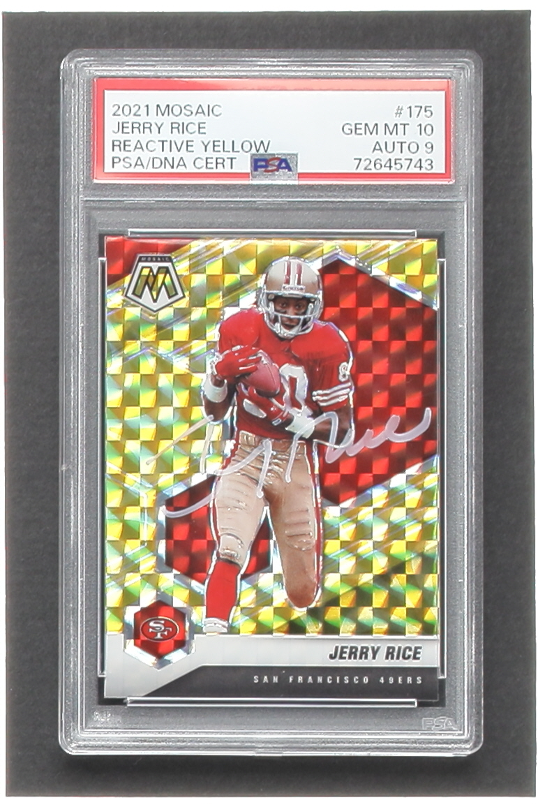 Jerry Rice Signed 2021 Panini Mosaic Mosaic Reactive Yellow #175 (PSA | Auto 9) at PristineAuction.com Jerry Rice Signed 2021 Panini Mosaic Mosaic Reactive Yellow #175 (PSA | Auto 9) at PristineAuction.com