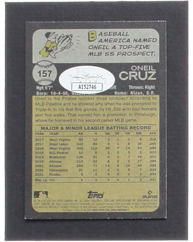 Oneil Cruz Signed 2022 Topps Heritage #157 RC (JSA) at PristineAuction.com Oneil Cruz Signed 2022 Topps Heritage #157 RC (JSA) at PristineAuction.com