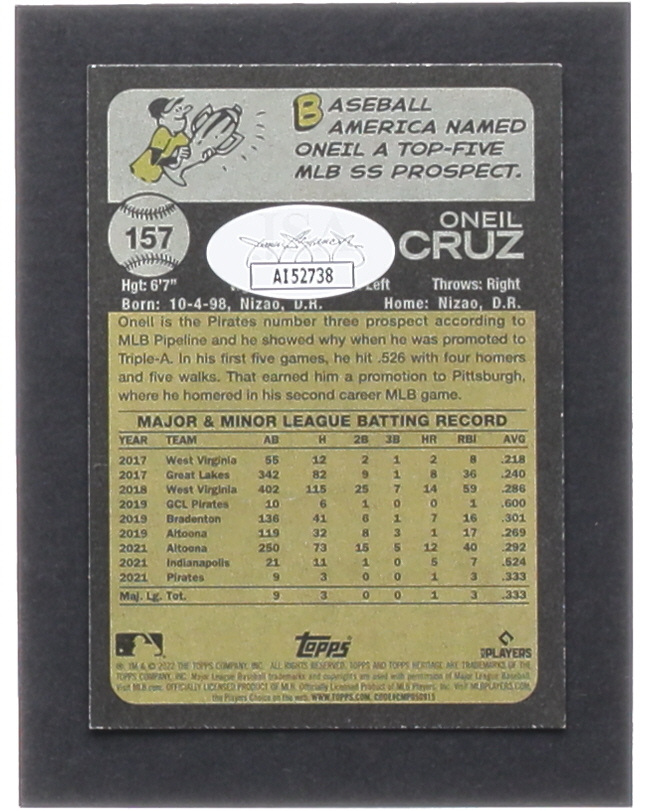 Oneil Cruz Signed 2022 Topps Heritage #157 RC (JSA) at PristineAuction.com Oneil Cruz Signed 2022 Topps Heritage #157 RC (JSA) at PristineAuction.com