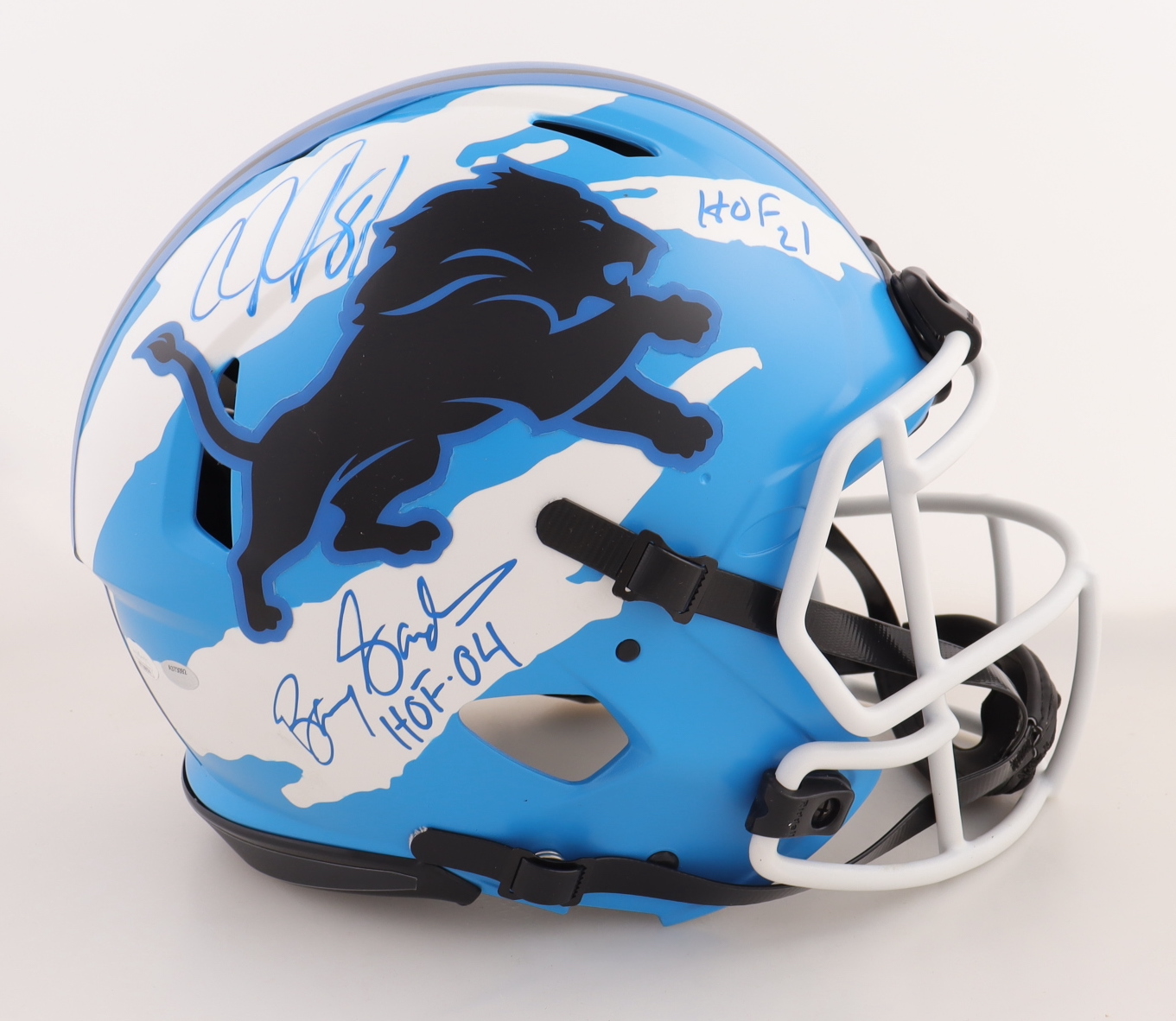 Bary Sanders & Calvin Johnson Signed Lions Full-Size Authentic On-Field Alternate Speed Helmet Inscribed "HOF 21" (JSA & Schwartz) at PristineAuction.com Bary Sanders & Calvin Johnson Signed Lions Full-Size Authentic On-Field Alternate Speed Helmet Inscribed "HOF 21" (JSA & Schwartz) at PristineAuction.com