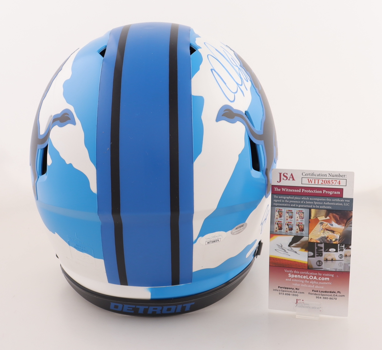 Bary Sanders & Calvin Johnson Signed Lions Full-Size Authentic On-Field Alternate Speed Helmet Inscribed "HOF 21" (JSA & Schwartz) at PristineAuction.com Bary Sanders & Calvin Johnson Signed Lions Full-Size Authentic On-Field Alternate Speed Helmet Inscribed "HOF 21" (JSA & Schwartz) at PristineAuction.com