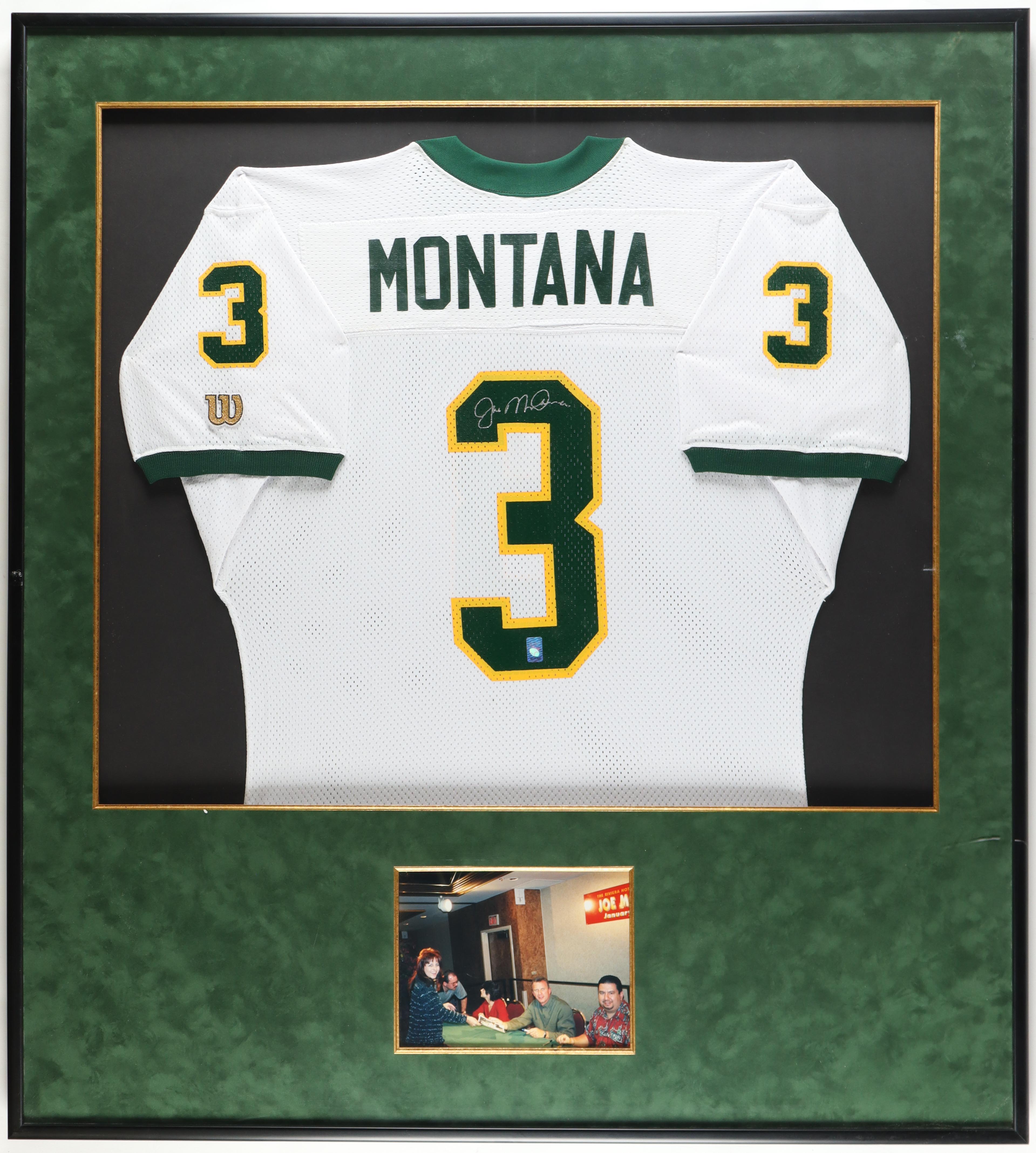 Joe Montana Signed Notre Dame Fighting Irish Custom Framed Jersey Display with Proof Photo (Montana) at PristineAuction.com Joe Montana Signed Notre Dame Fighting Irish Custom Framed Jersey Display with Proof Photo (Montana) at PristineAuction.com