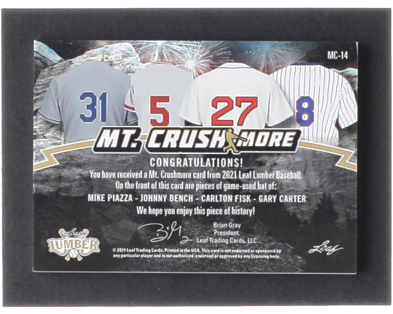 Mike Piazza / Johnny Bench / Carlton Fisk / Gary Carter 2021 Leaf Lumber Mt. Crushmore #MC14 #22/30 at PristineAuction.com Mike Piazza / Johnny Bench / Carlton Fisk / Gary Carter 2021 Leaf Lumber Mt. Crushmore #MC14 #22/30 at PristineAuction.com