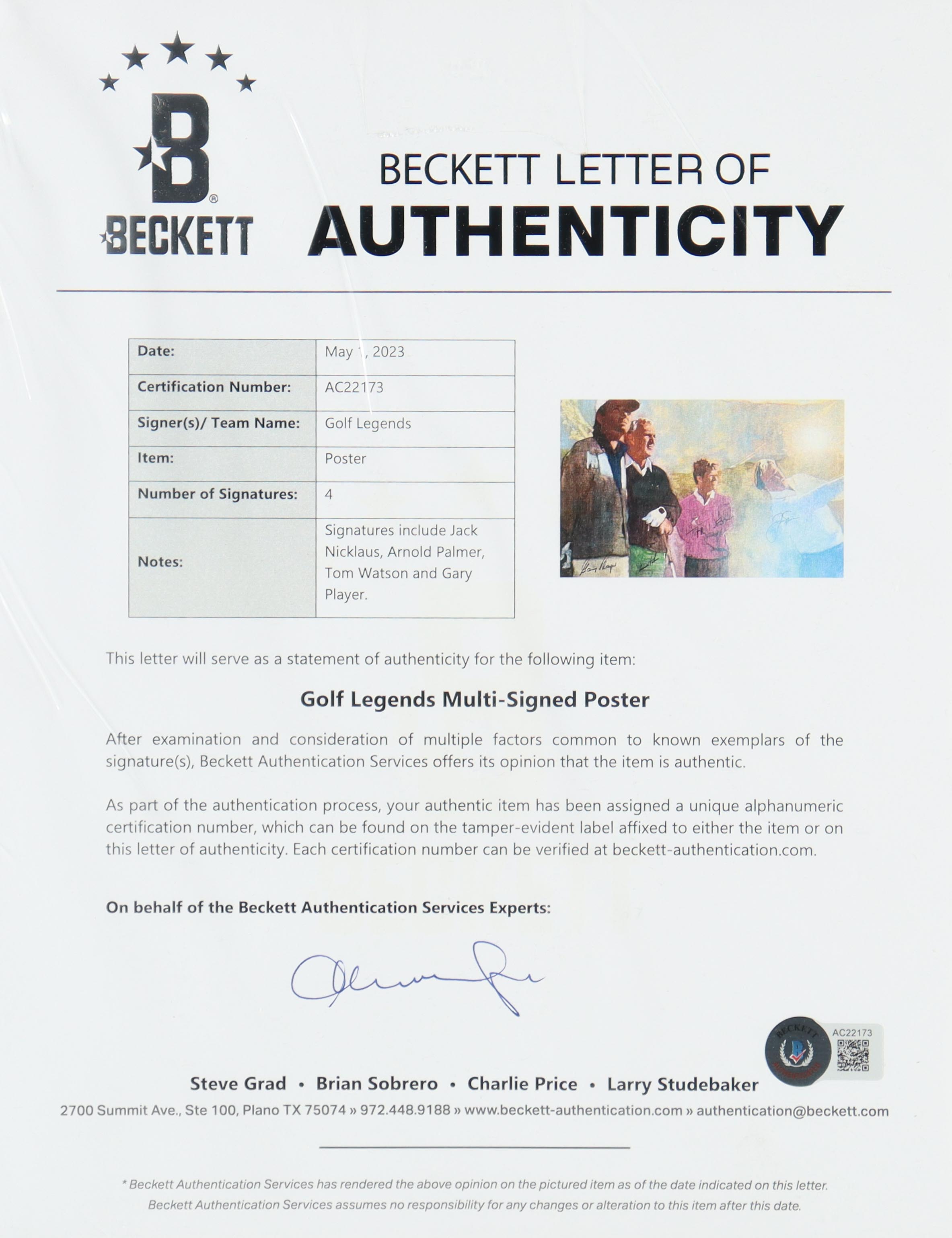 Golf Legends Custom Framed Poster Signed by (4) with Jack Nicklaus, Arnold Palmer, Tom Watson & Gary Player (Beckett) at PristineAuction.com Golf Legends Custom Framed Poster Signed by (4) with Jack Nicklaus, Arnold Palmer, Tom Watson & Gary Player (Beckett) at PristineAuction.com